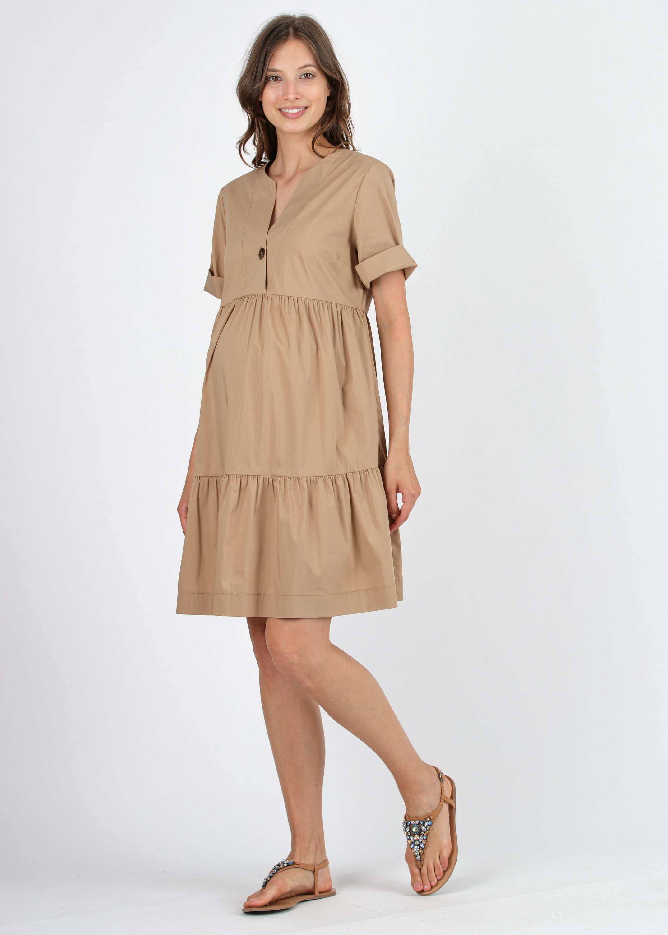 A-line Maternity Dress with Flounce and Important Button (Camel, XS)