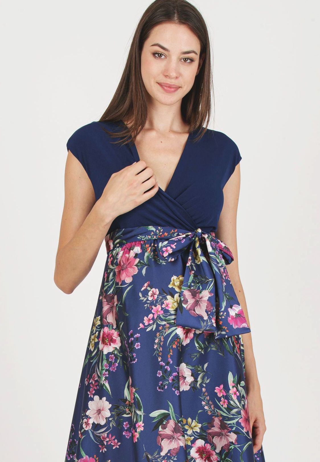LUCREZIA F - Maternity & Nursing Dress with Printed Satin Skirt (Blue, XS)