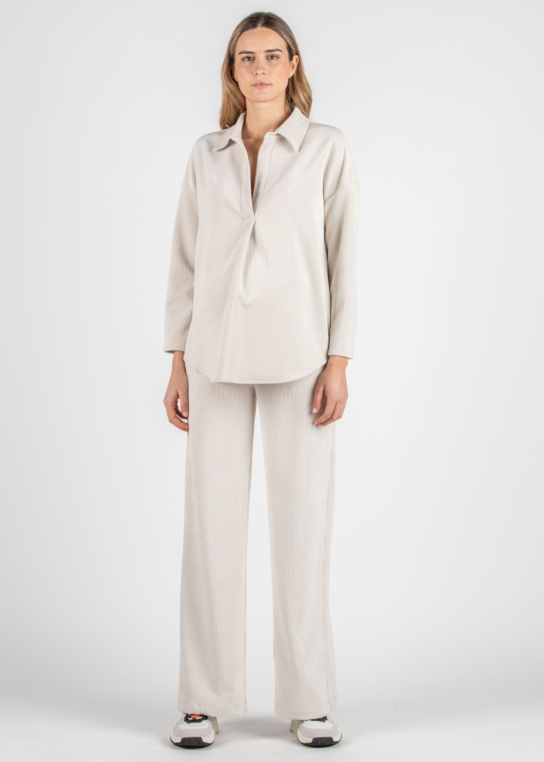 OLIVIA V - Camicia Over Premaman in Velluto a Coste Larghe (Naturale, XS)
