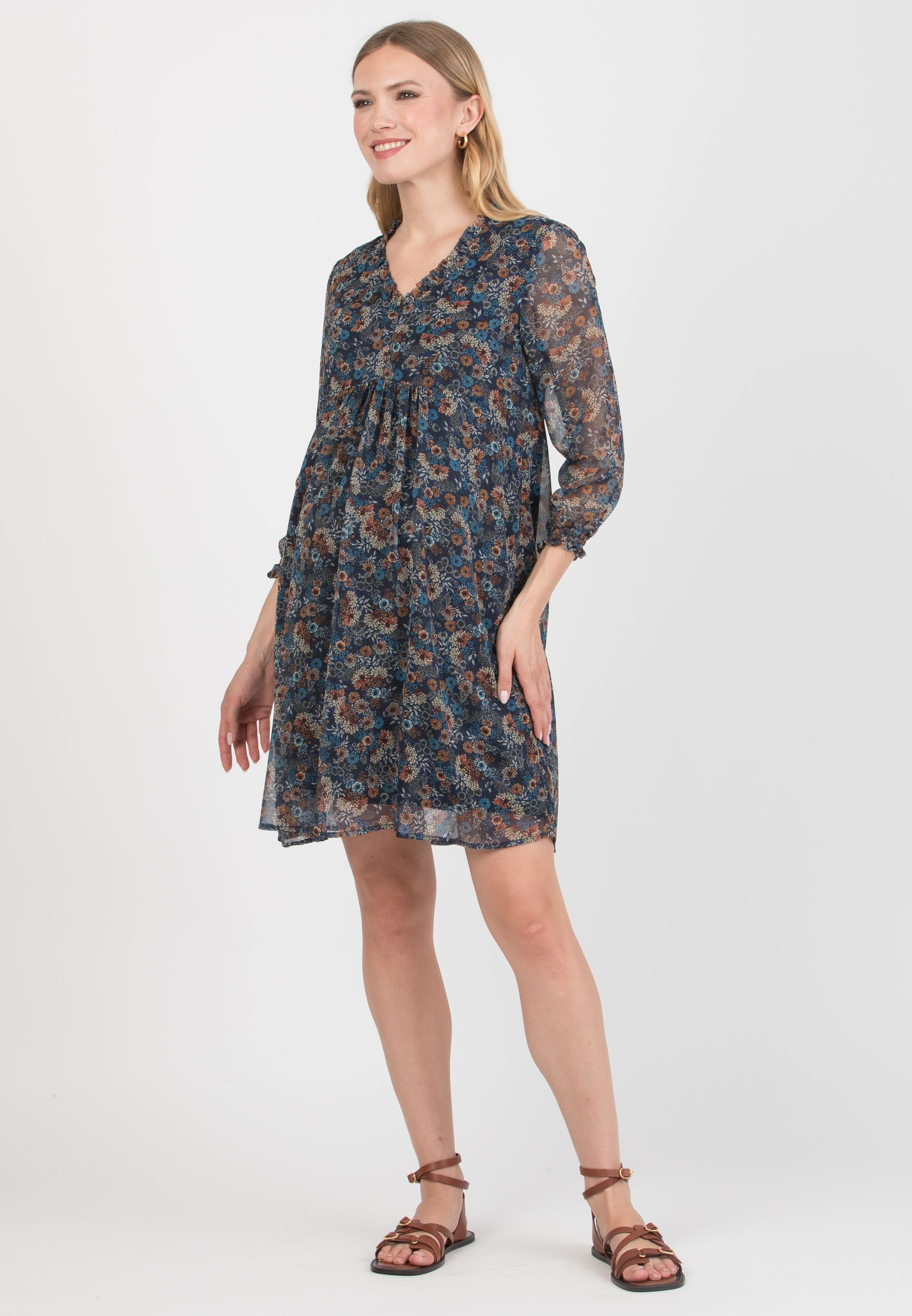 DIANA F - Abito Premaman & Allattamento in Chiffon Stampato con Volant sullo Scollo (Blu, XS)