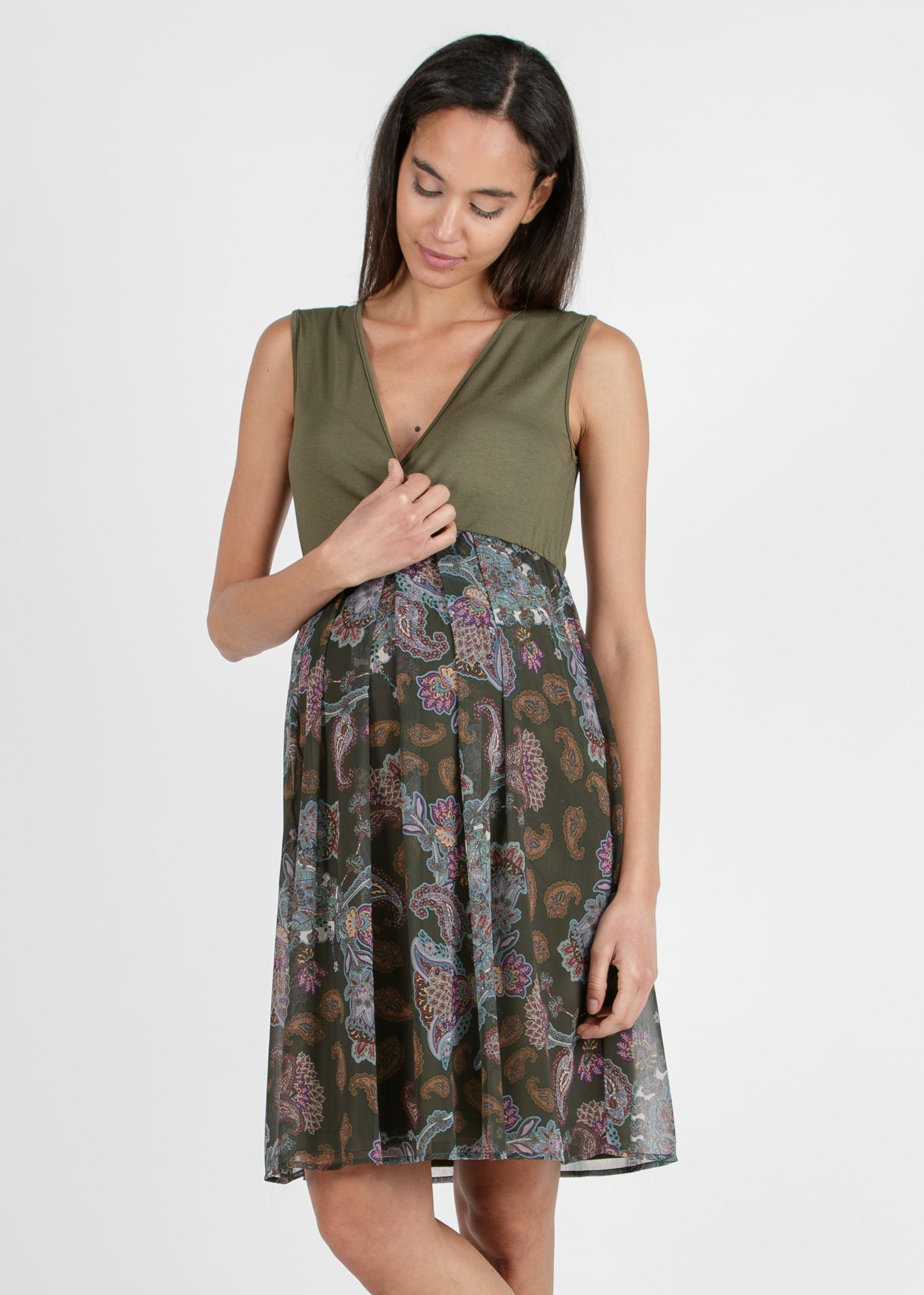 JANET - Paisley Printed Maternity & Nursing Dress with Coordinated Sweater (Army Green, XS)