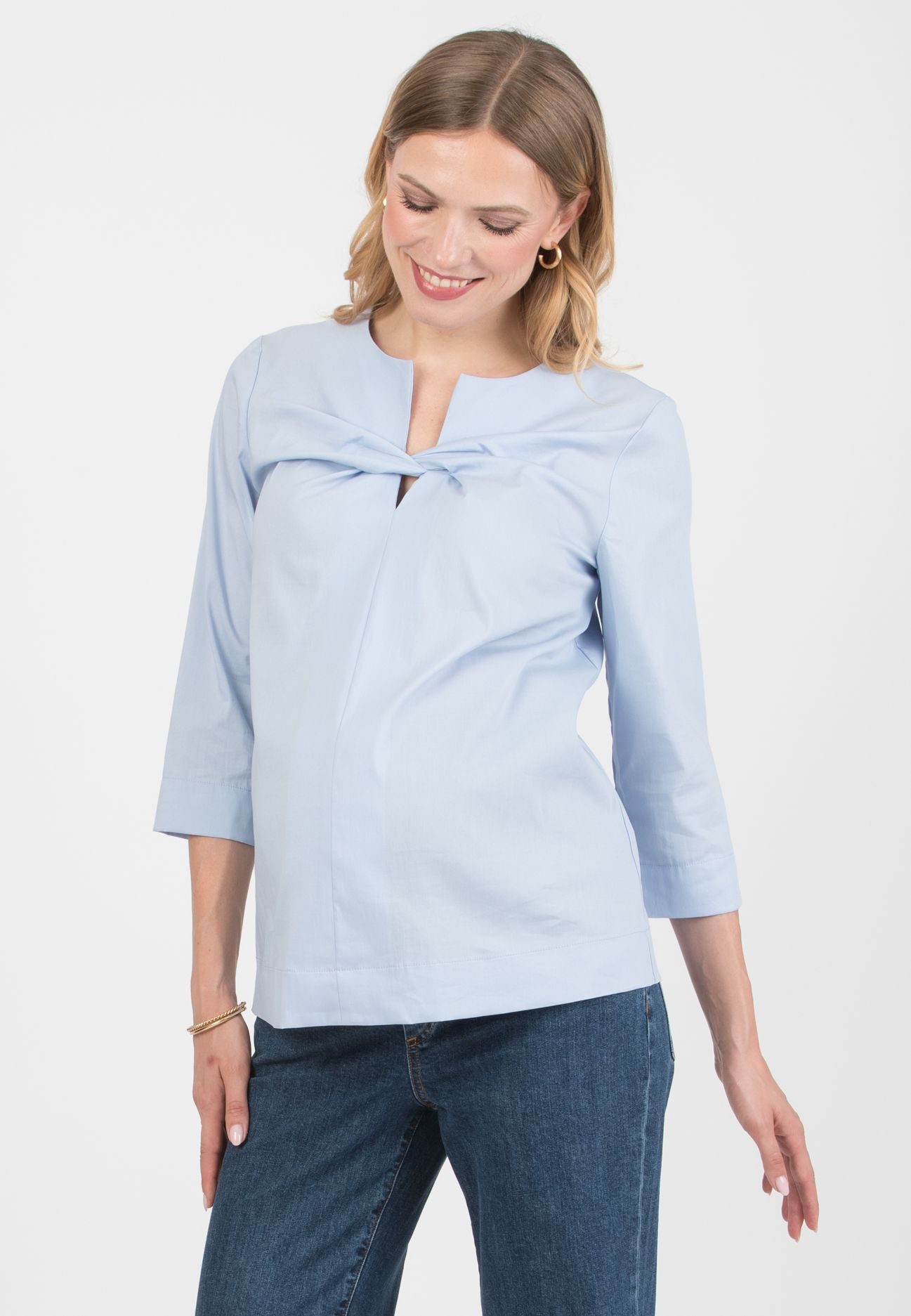 TEODORA – Maternity Poplin Cotton Shirt with Front Knot (Blue, XS)