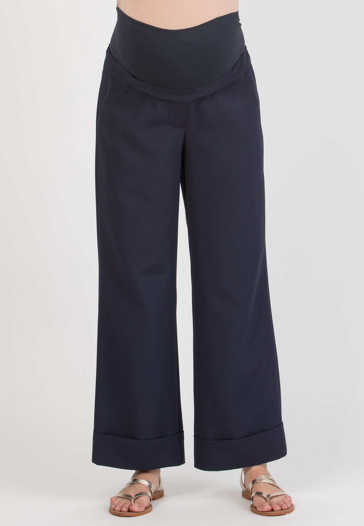 ROBY – Maternity Palazzo Trousers in Cady with Turn-Up Hem (Blu)