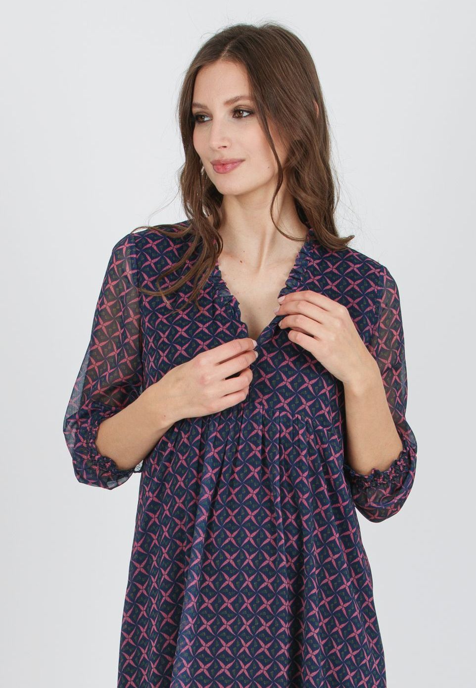 DIANA S - Printed Chiffon Maternity & Nursing Dress with Ruffle Trims on the Neck (Blue, XS)