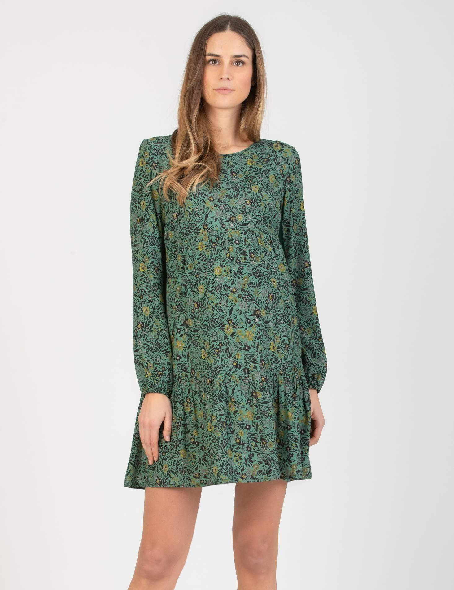 Abito Premaman con Balze e Bottoni sulla Schiena con Stampa Verde a Fiori (Verde, XS)