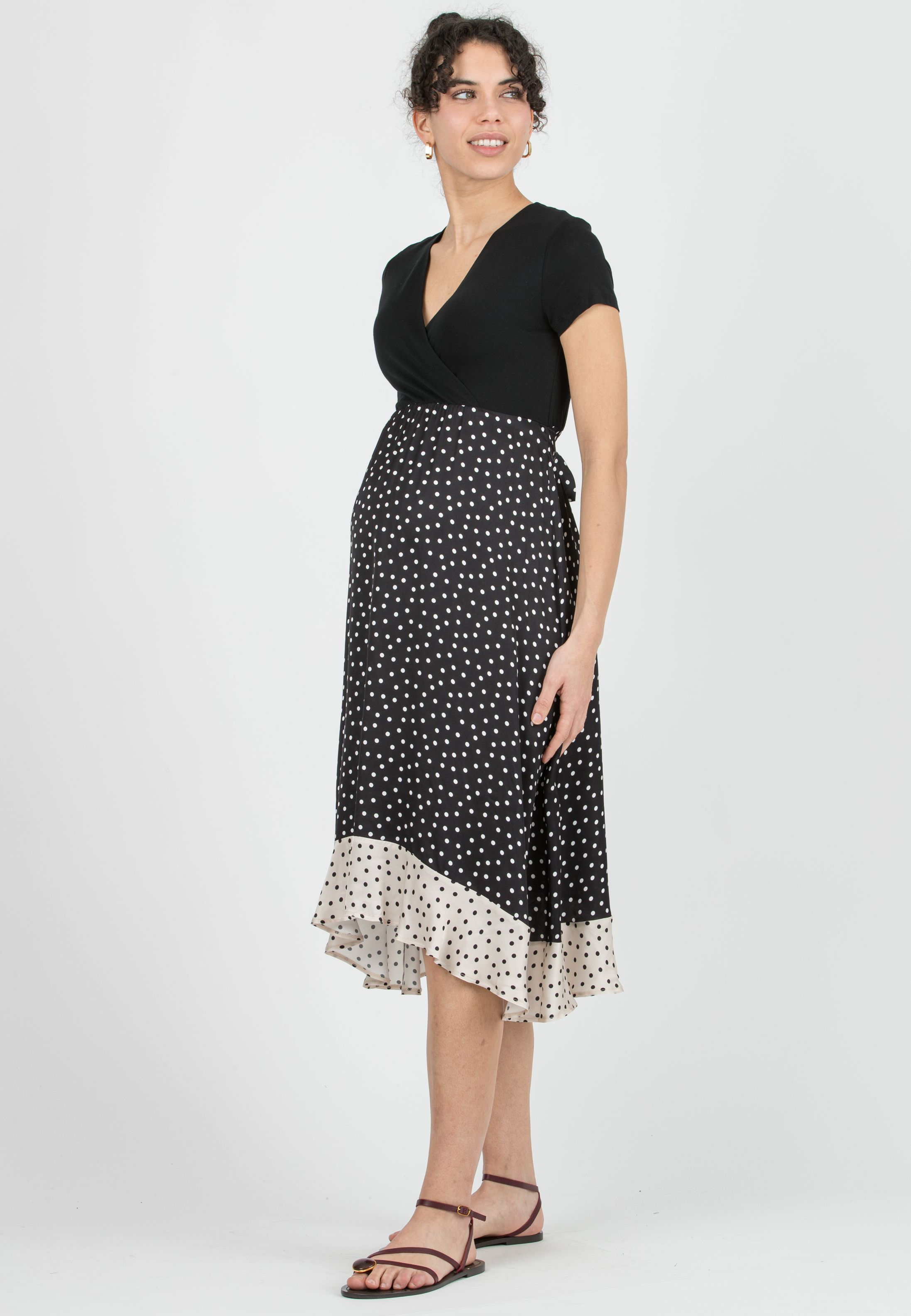 MARTA P - Maternity & Nursing Midi Dress with Polka Dot Skirt and Contrast Hem (Nero)