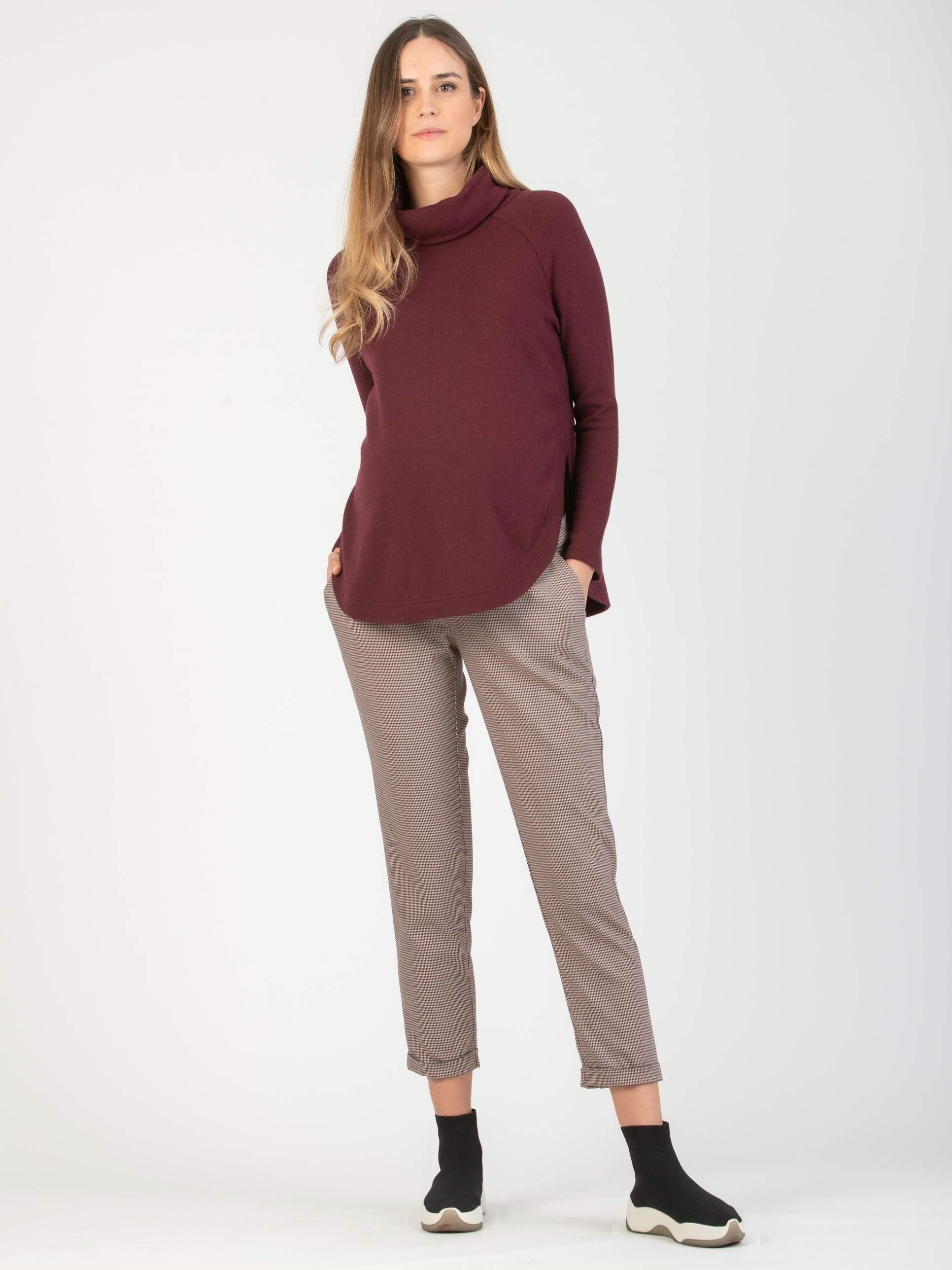 Pantalone Premaman Relax Fit In Jacquard con Stampa Pied de Poule (Bordeaux, XS)