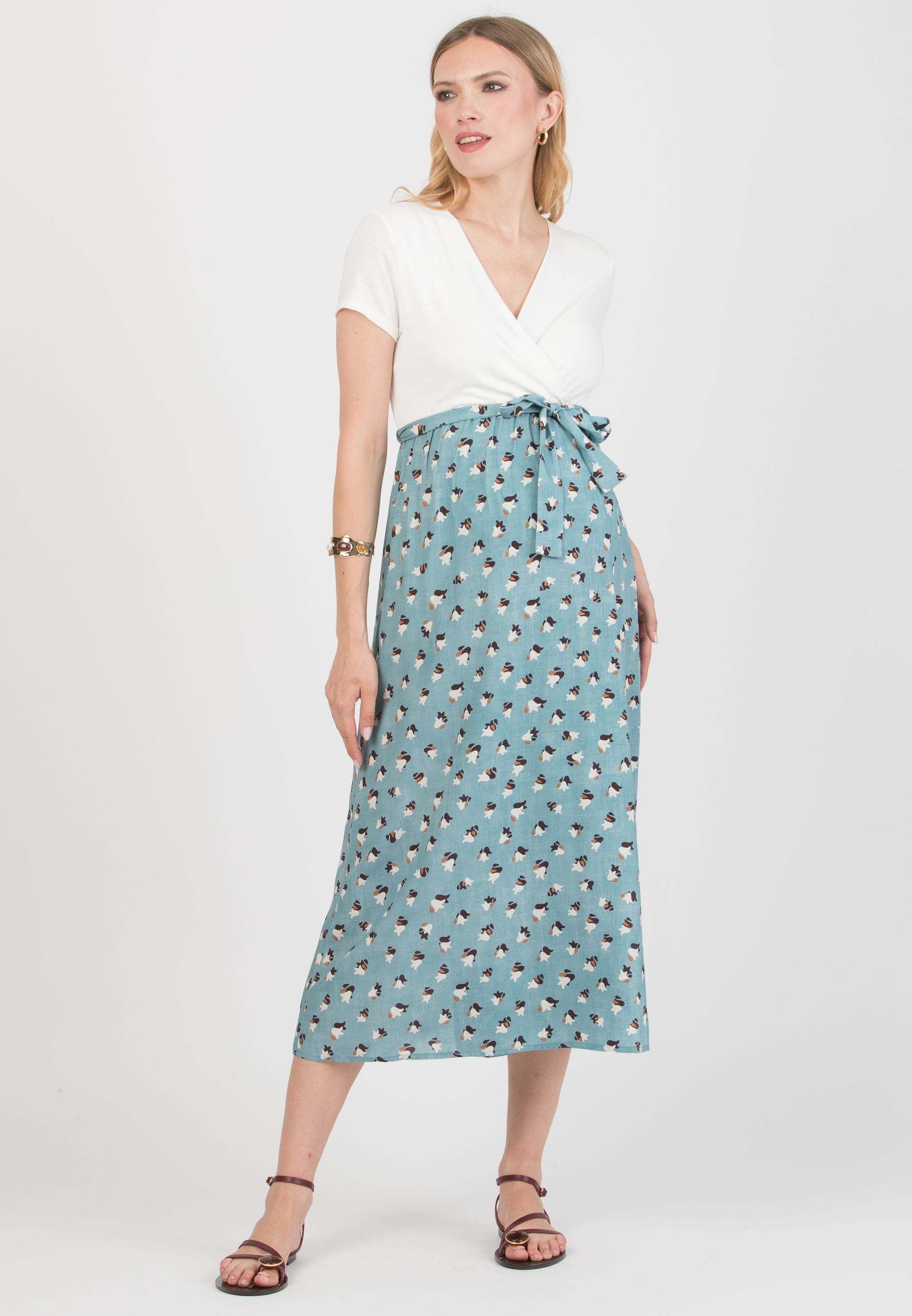 FEDERICA - Maternity Midi Dress with Crossed Neckline and Viscose Wrapped Skirt (Azzurro)