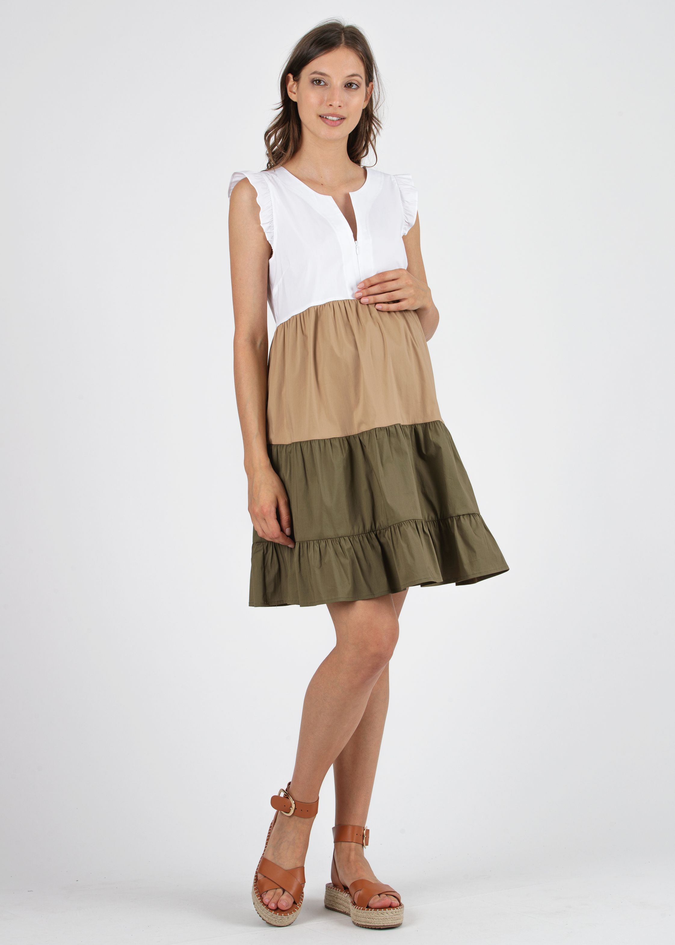 CHIARA - Abito Premaman & Allattamento in Cotone a Tre Colori con Balze (Verde Militare, XS)