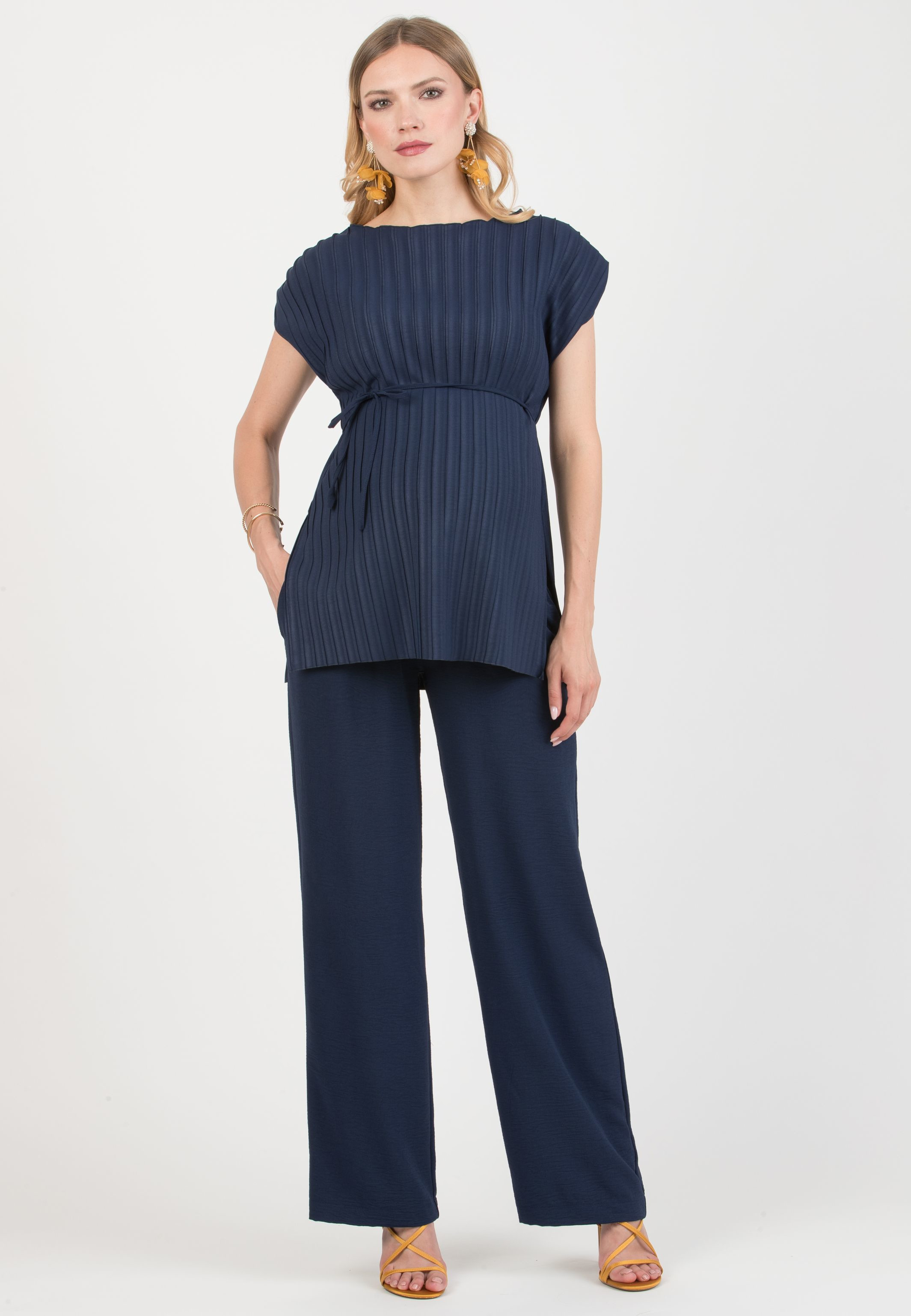 INES - Pantalone Premaman Fluido con Vita Bassa (Blu)