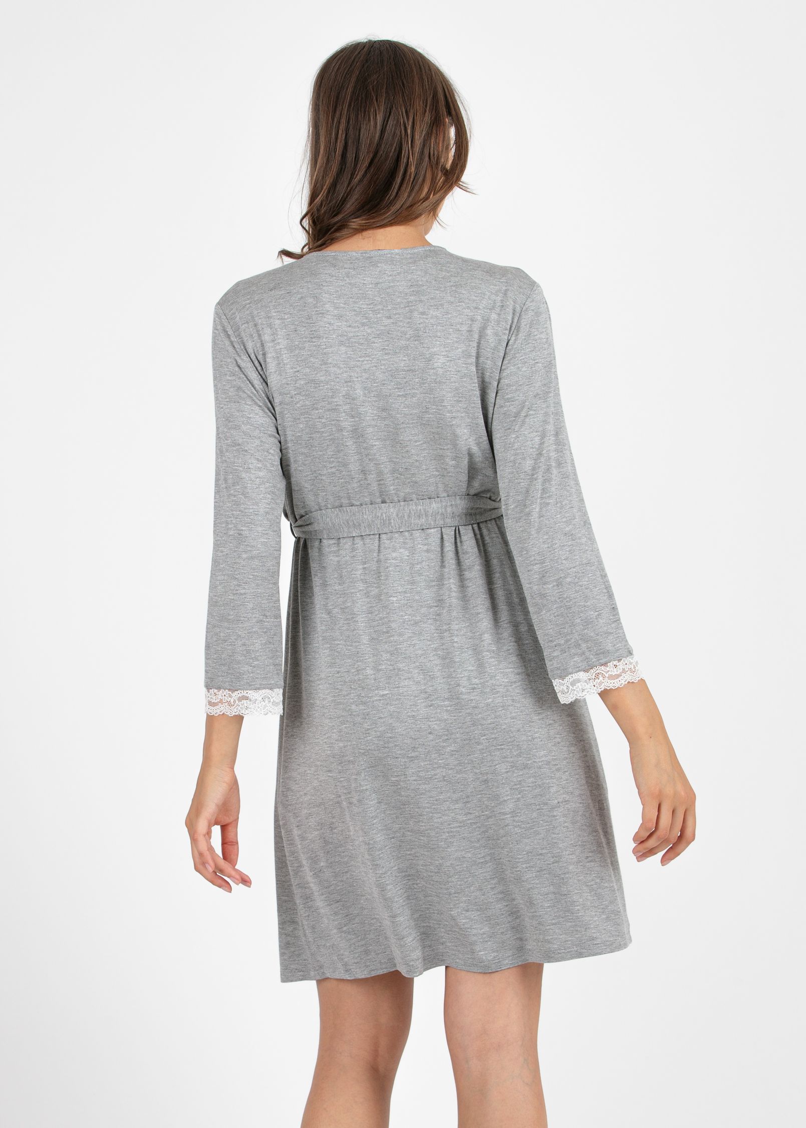Maternity & Nursing Dressing Gown with Lace Details (Grigio Chiaro)