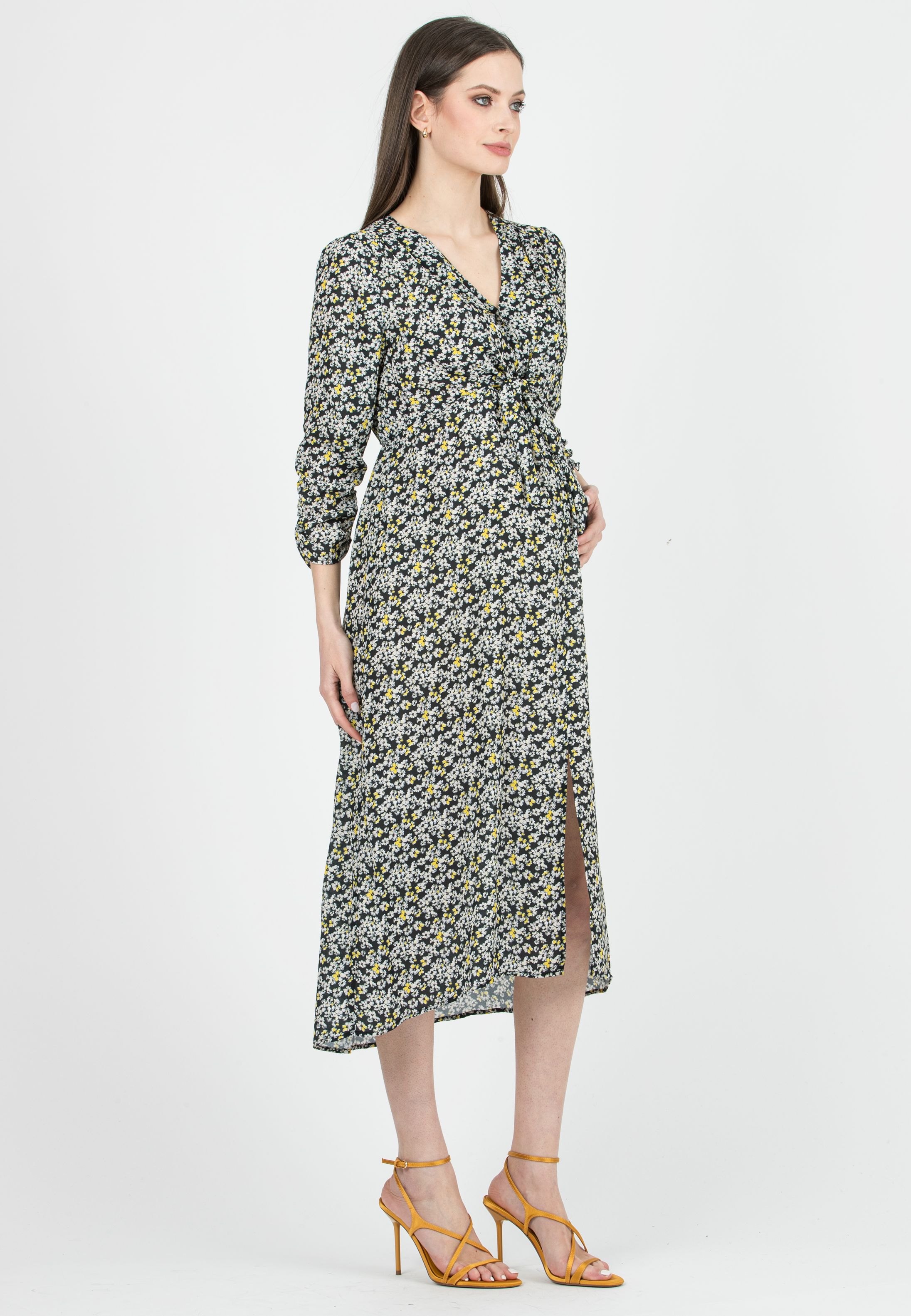 BELEN M/L - Printed Maternity & Nursing Dress with Knotted Bodice (Black, XS)
