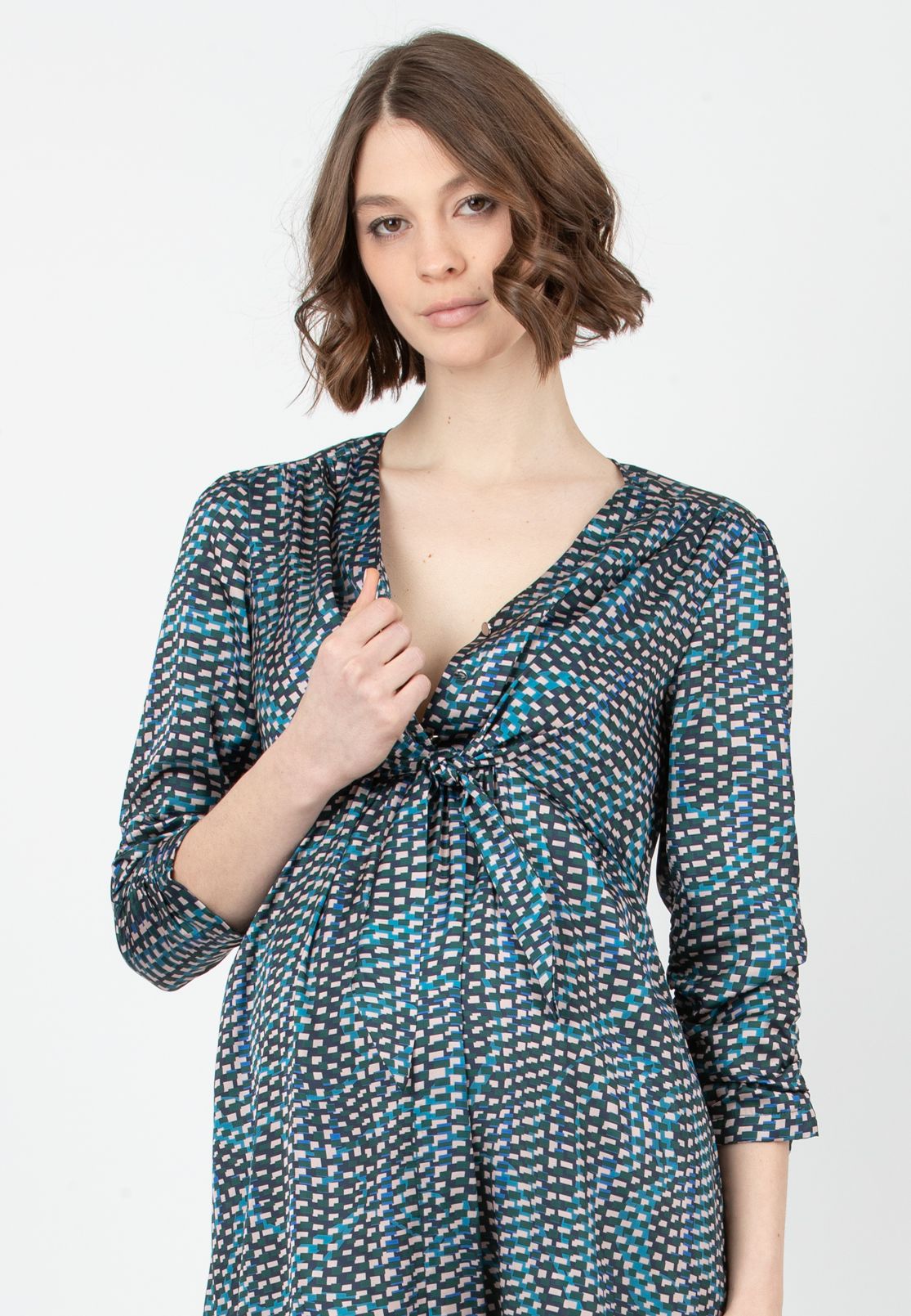 BELEN M/L - Abito Premaman & Allattamento in Raso Stampato con Corpino Annodato e Maniche 3/4 (Verde, XS)