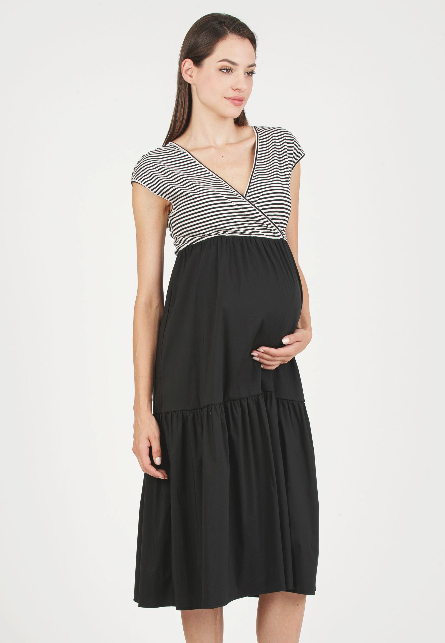 SUSI - Maternity & Nursing Dress with Striped Bodice (Black, XS)