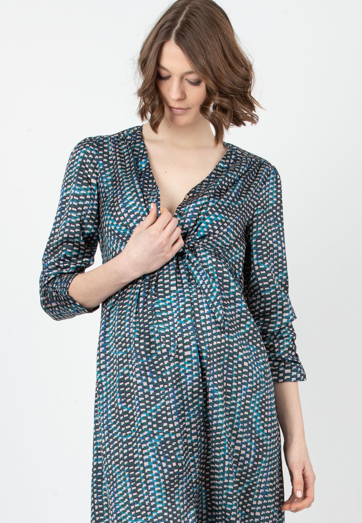 BELEN M/L - Abito Premaman & Allattamento in Raso Stampato con Corpino Annodato e Maniche 3/4 (Verde, XS)