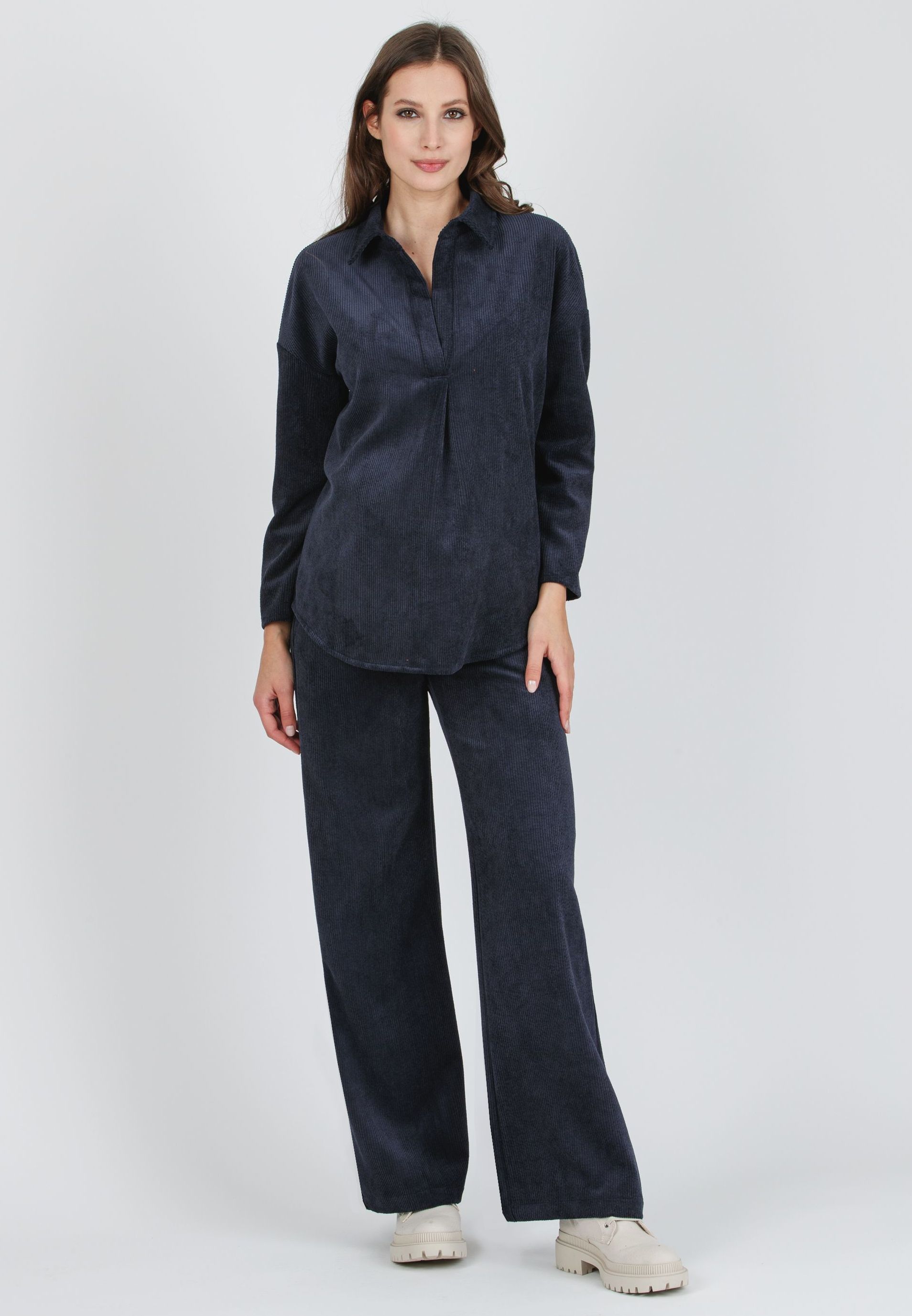 OLIVIA V - Camicia Over Premaman in Velluto a Coste Larghe (Blu)