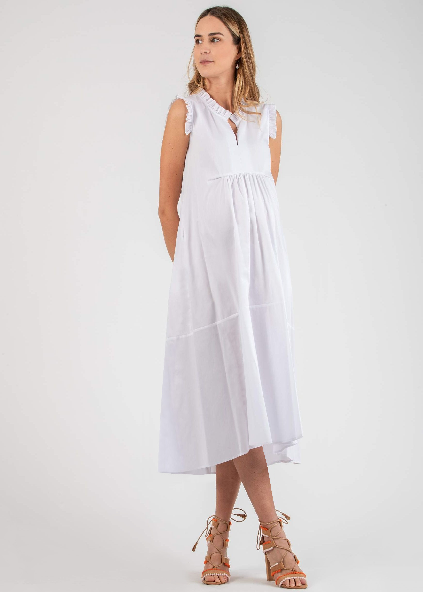 Midi Maternity Dress in Cotton Poplin with Frill Trims (White, XS)