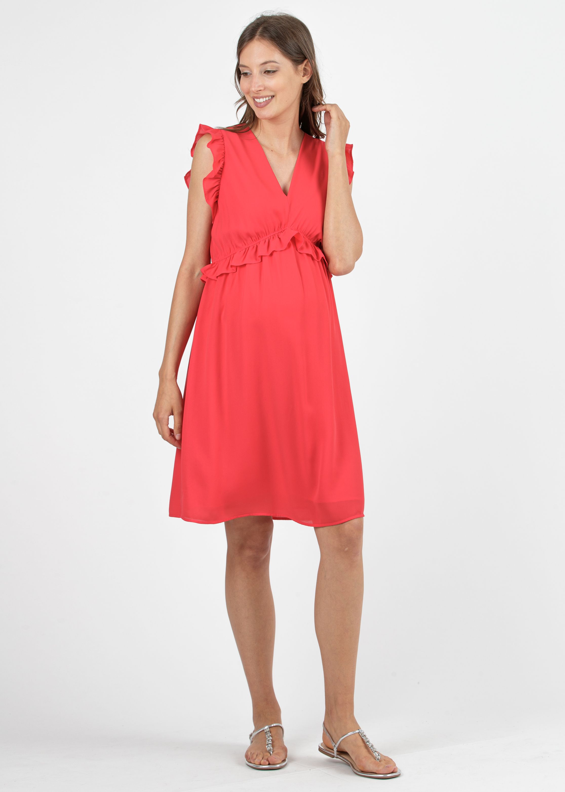 Maternity Dress in Chiffon with Ruffle Trims (Coral, XS)