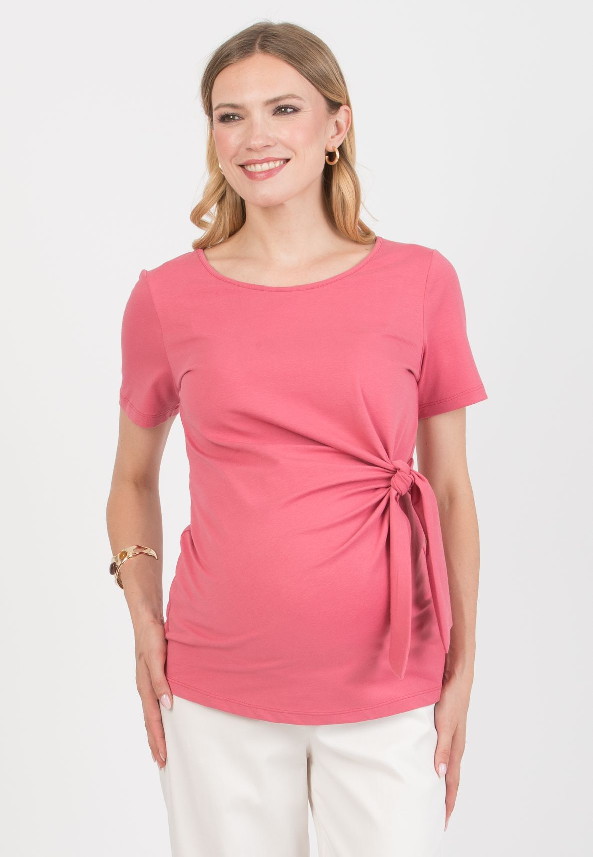 KAREN M - T-Shirt Premaman in Jersey di Cotone con Nodo Laterale (Fragola, XS)