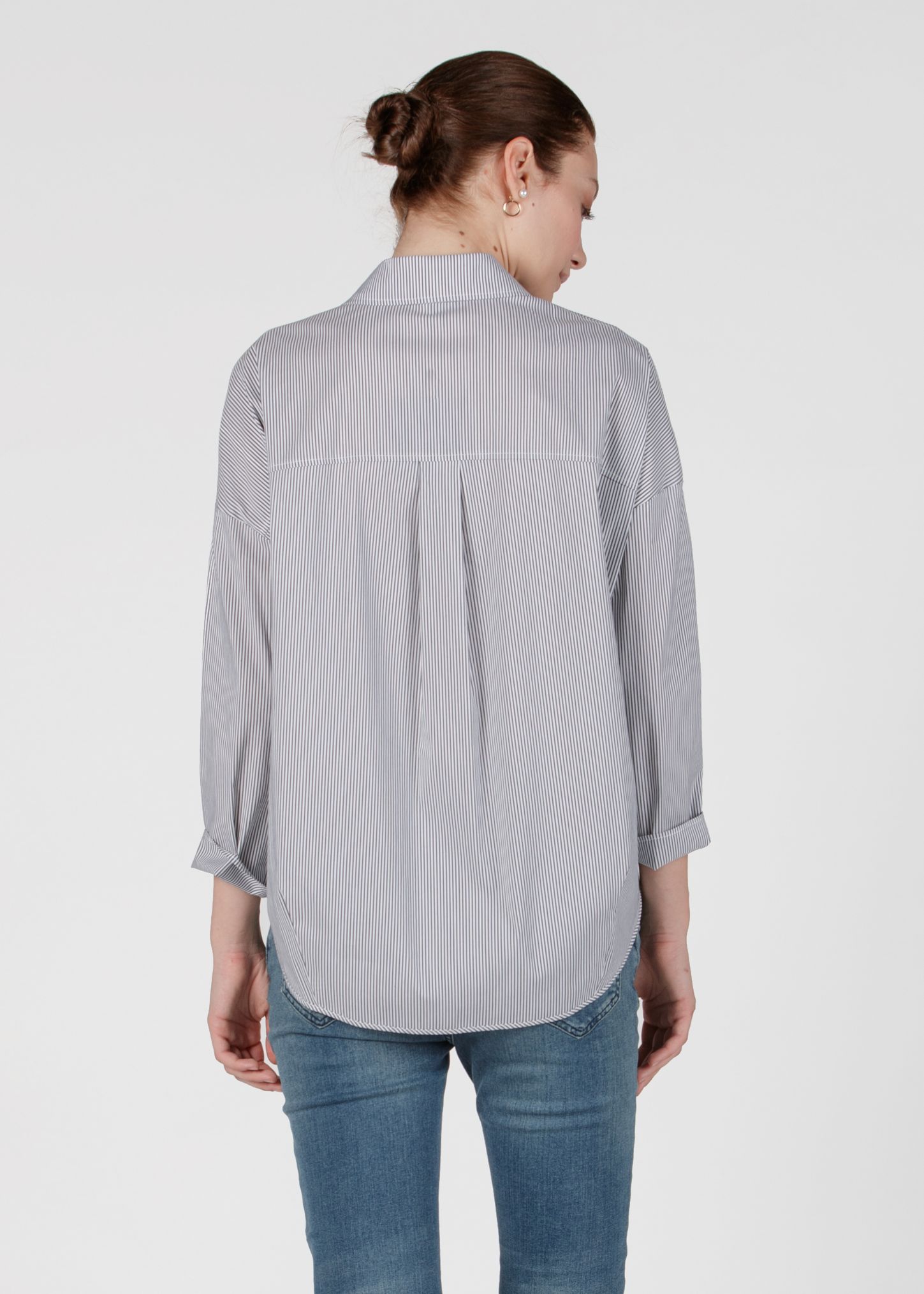 OLIVIA R - Striped Oversized Maternity Shirt in Stretch Cotton Poplin (Black, XS)