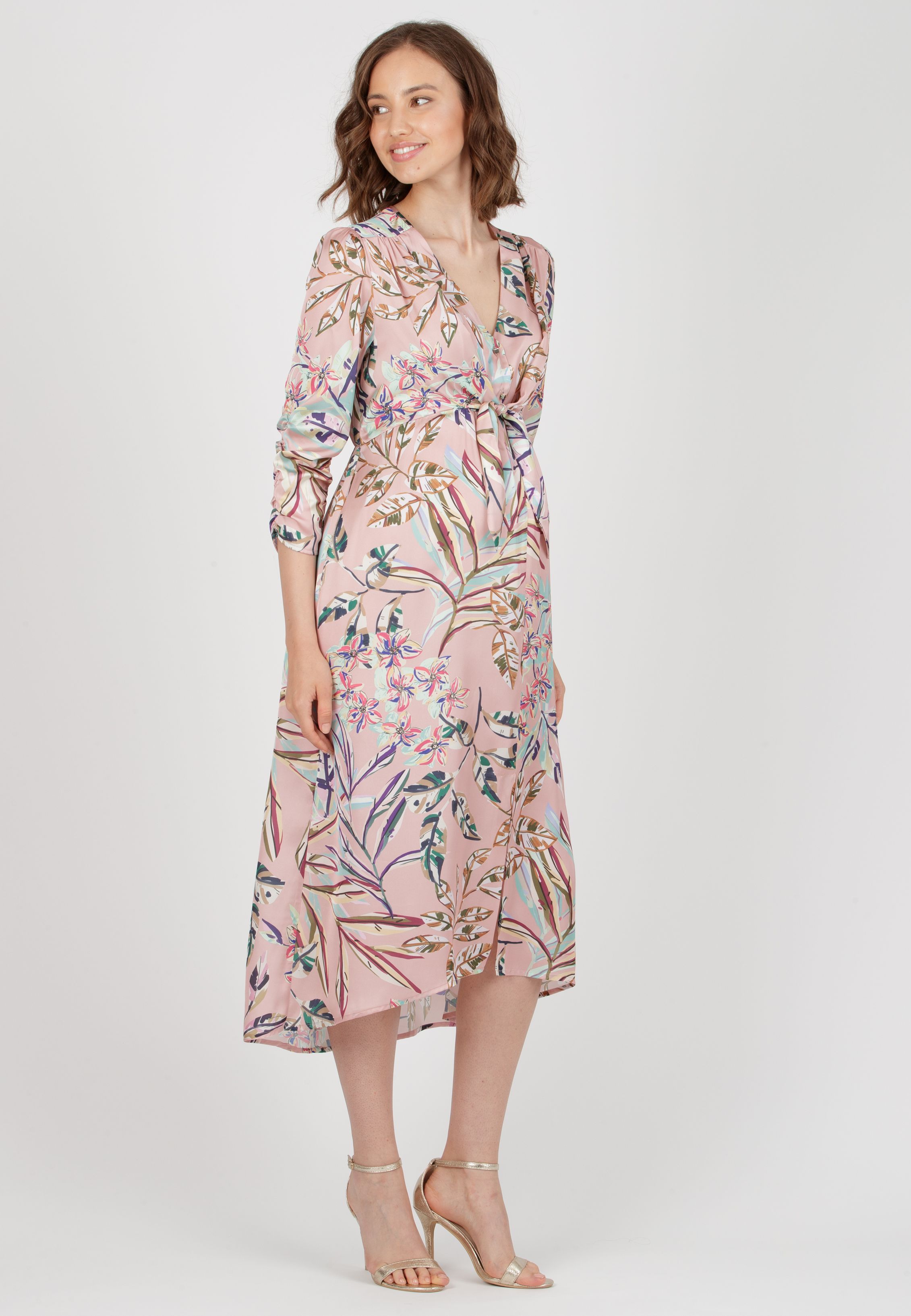 BELEN M/L - Abito Premaman & Allattamento in Raso Stampato con Corpino Annodato e Maniche 3/4 (Rosa, XS)