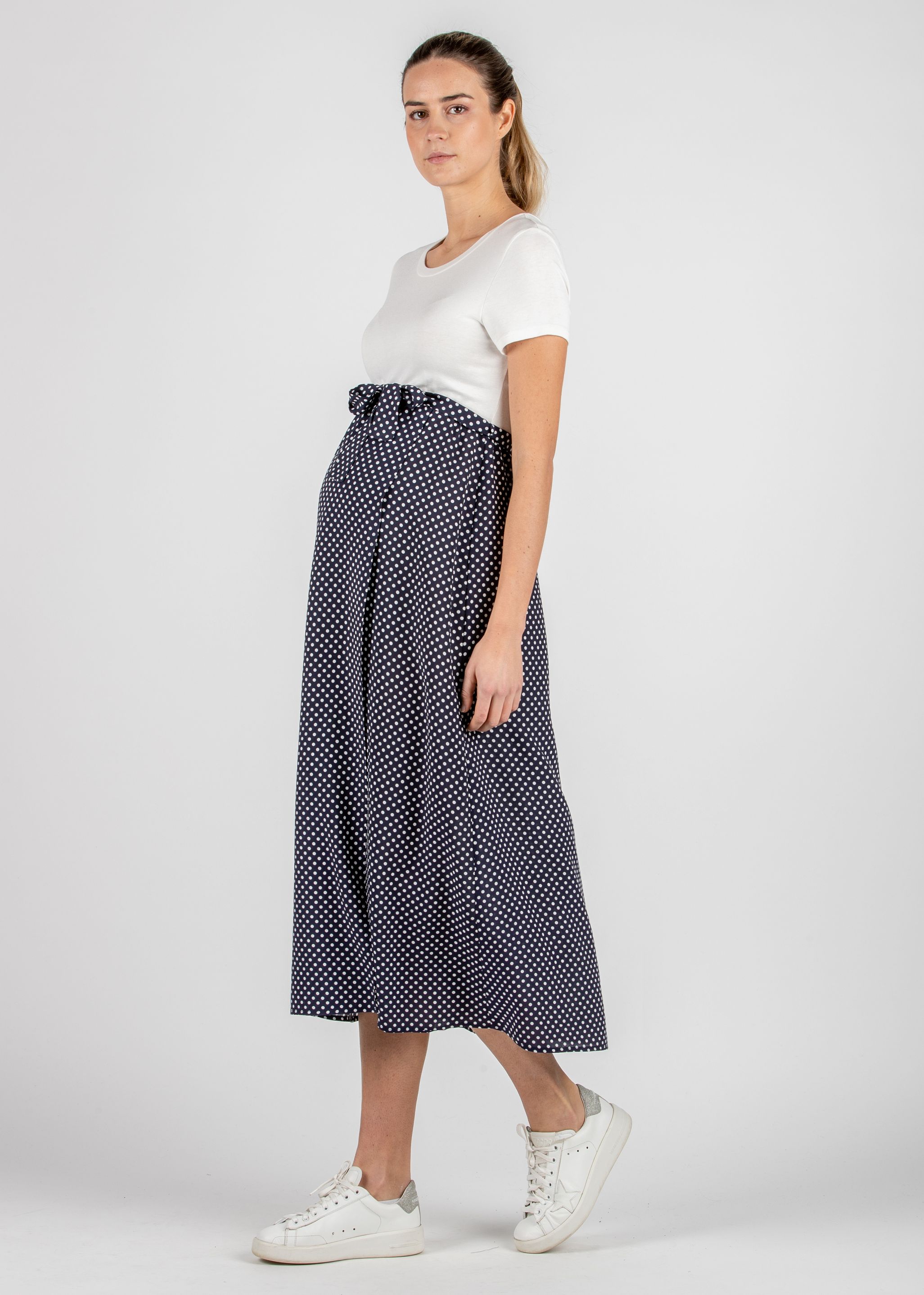 Abito Midi Premaman con Gonna a Pois a Portafoglio (Blu, XS)