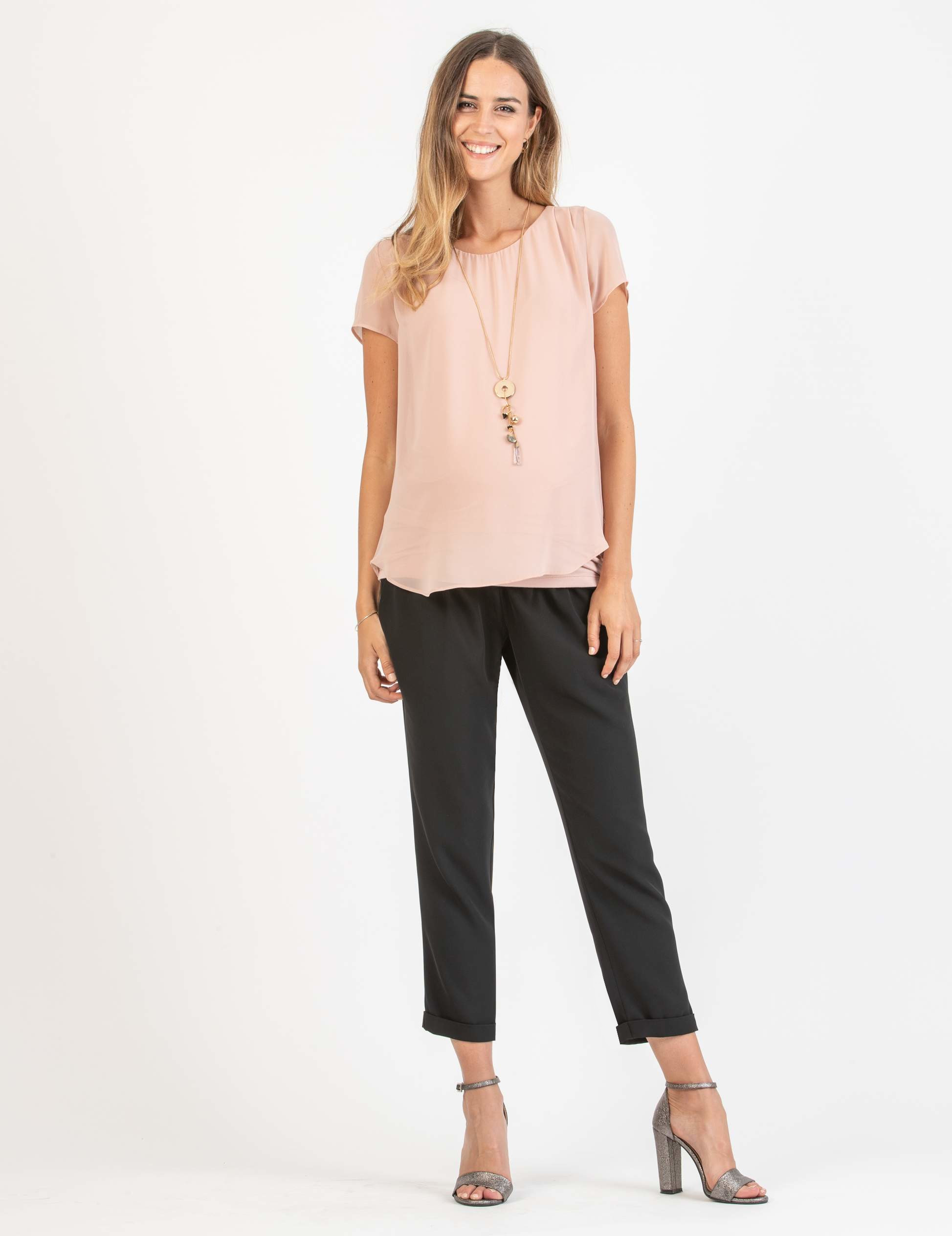 LAURA - Maglietta Premaman a Doppio Strato di Chiffon e Jersey (Rosa Confetto, XS)