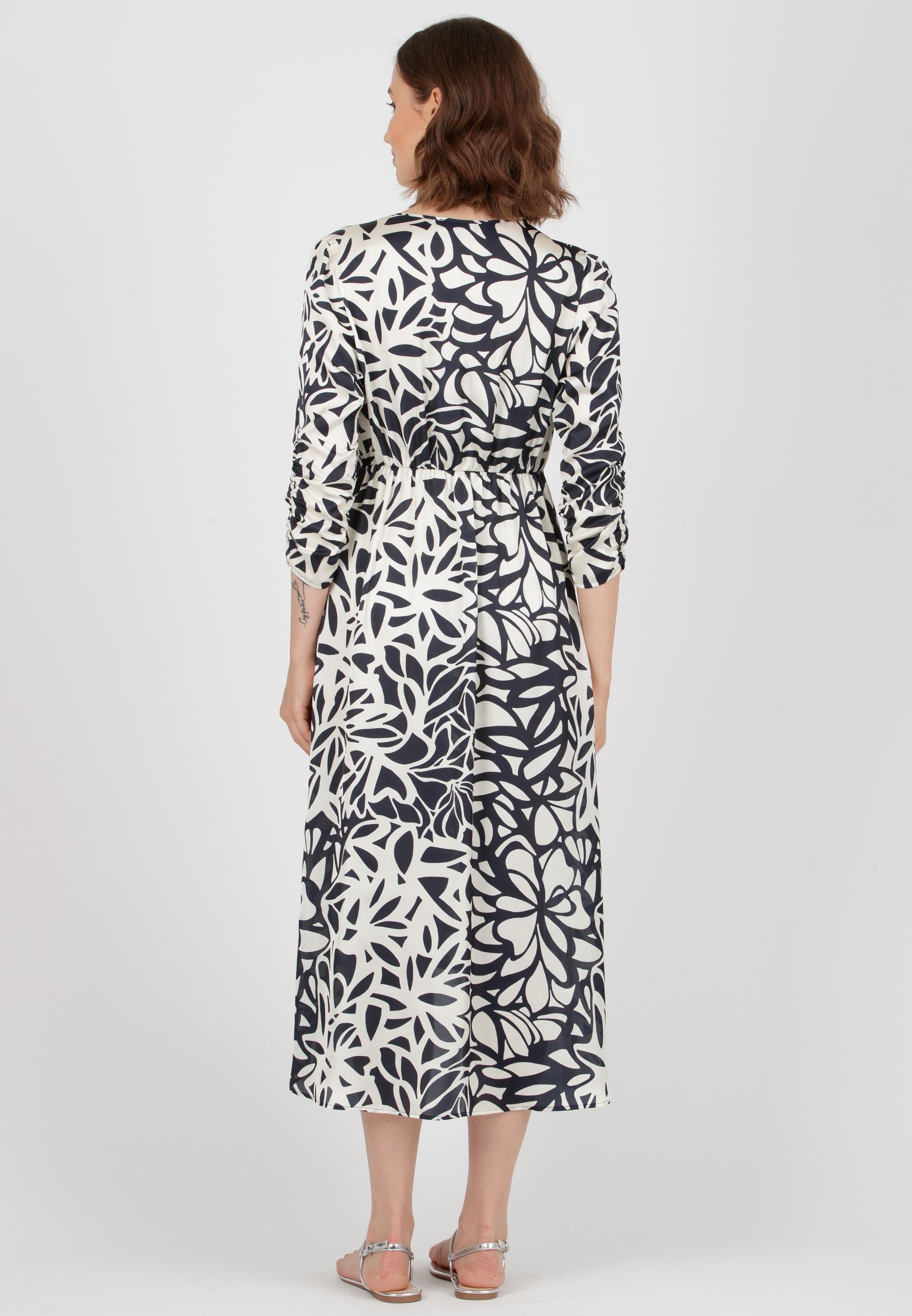 BELEN M/L - Abito Premaman & Allattamento in Raso Stampato con Corpino Annodato e Maniche 3/4 (Blu, XS)
