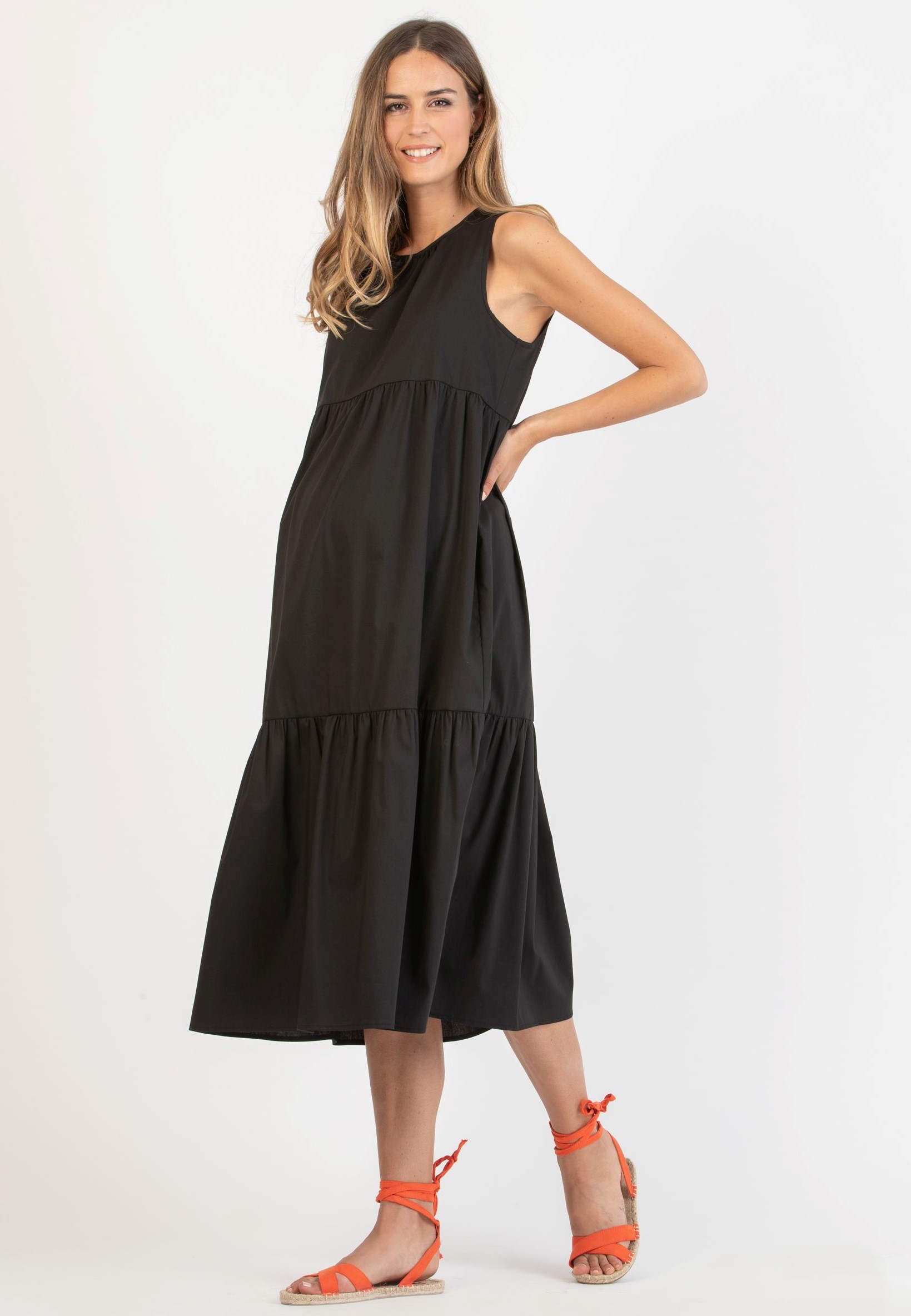 Abito Midi Premaman a Balze con Chiusura a Laccetti (Nero, XS)