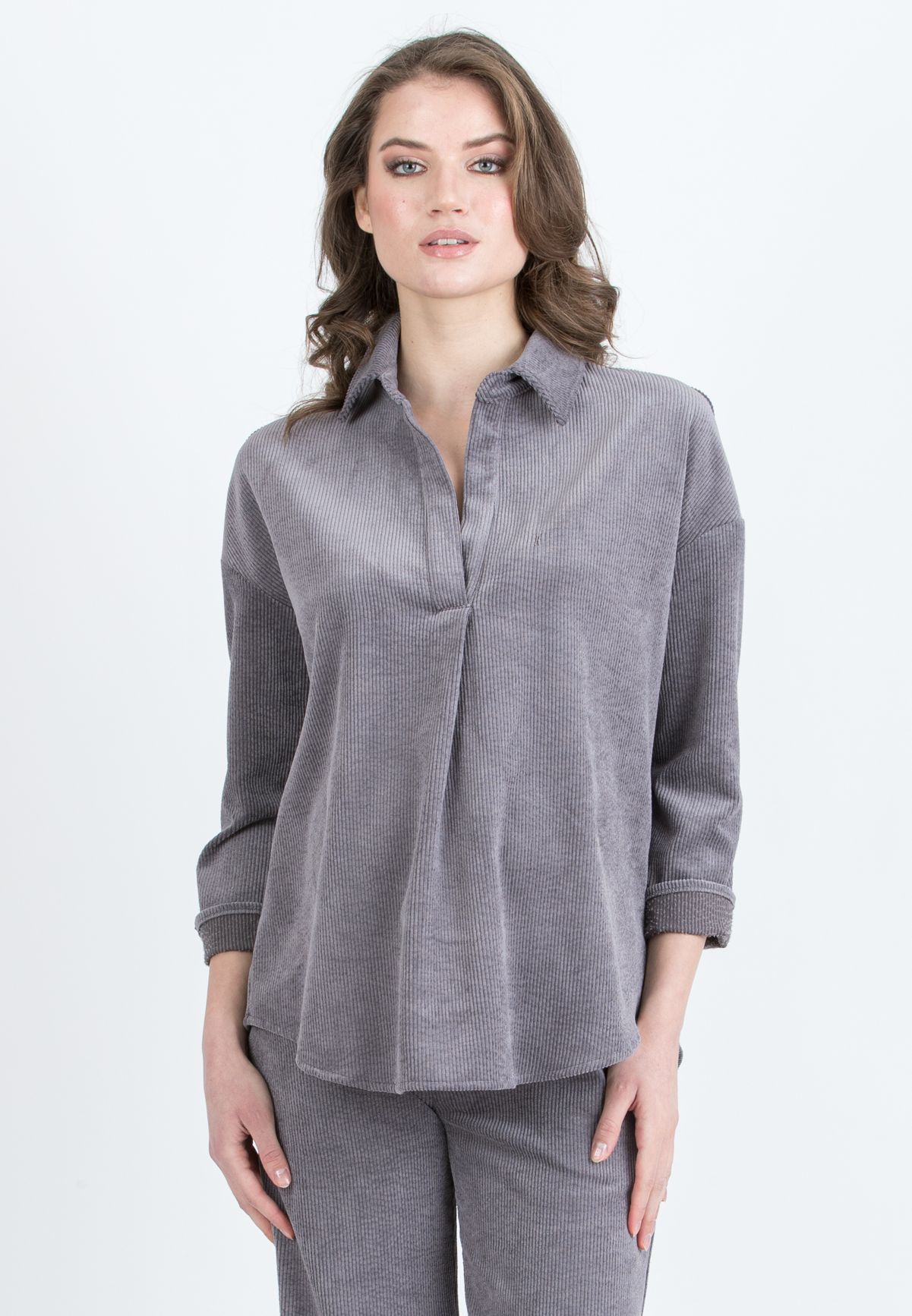 OLIVIA V - Camicia Over Premaman in Velluto a Coste Larghe (Gesso)