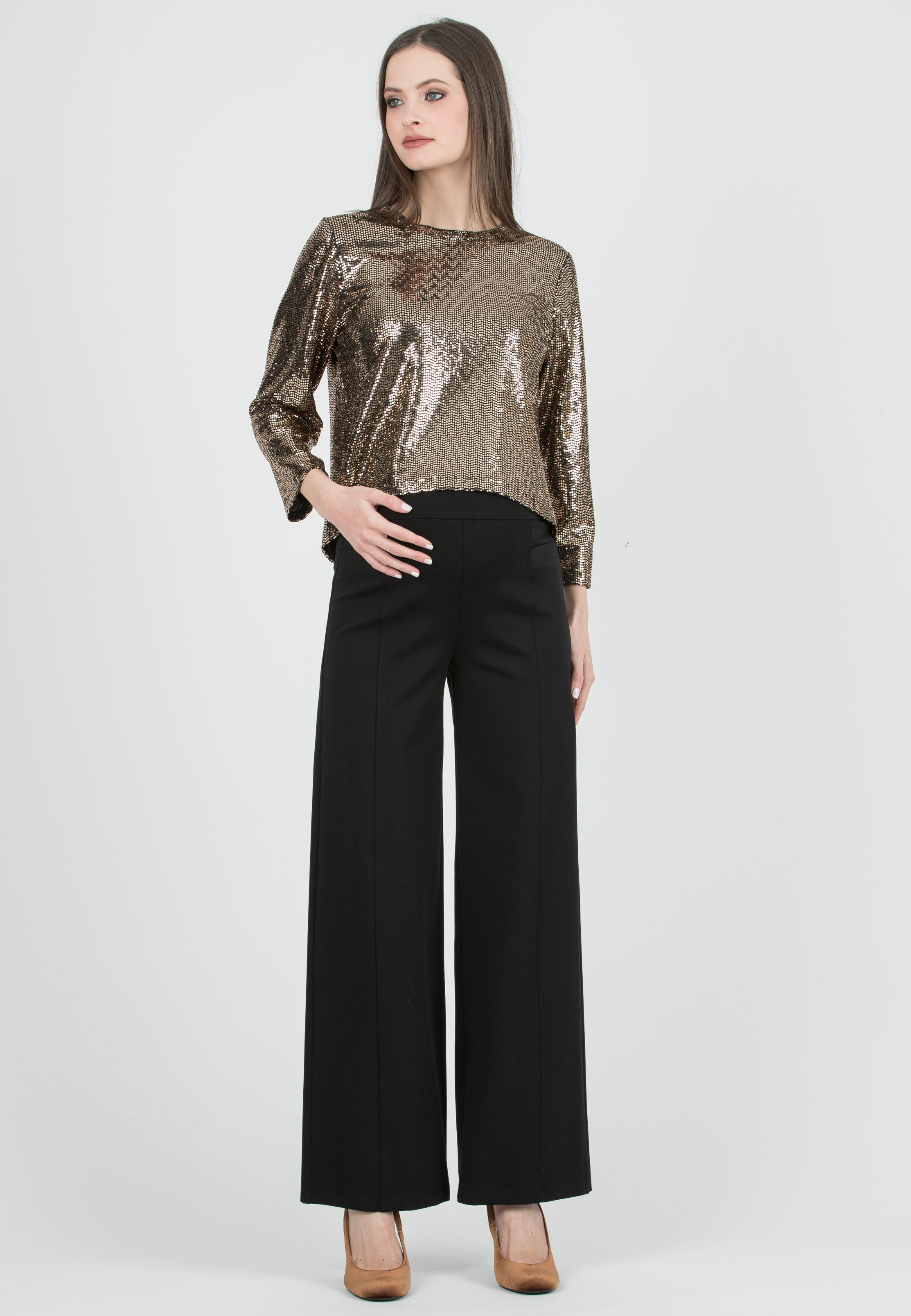 BRENDA - Maternity Wide-Leg Trousers in Lightweight Milano Knit (Nero)