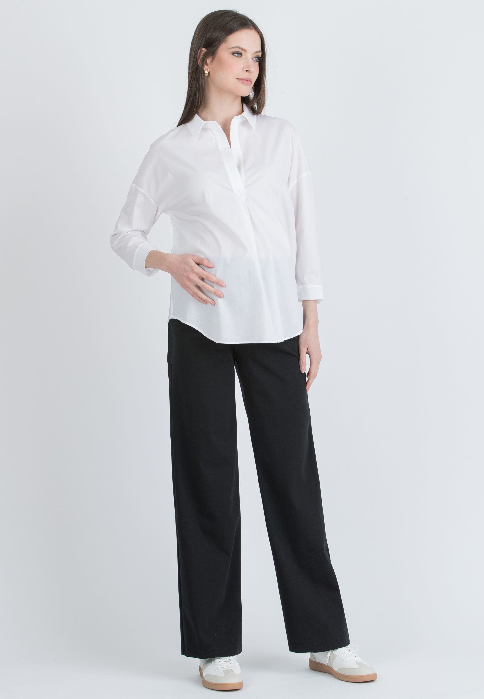 KIMBERLY - Palazzo Maternity Trousers in Summer Cotton Ponte Fabric (Black, XS)