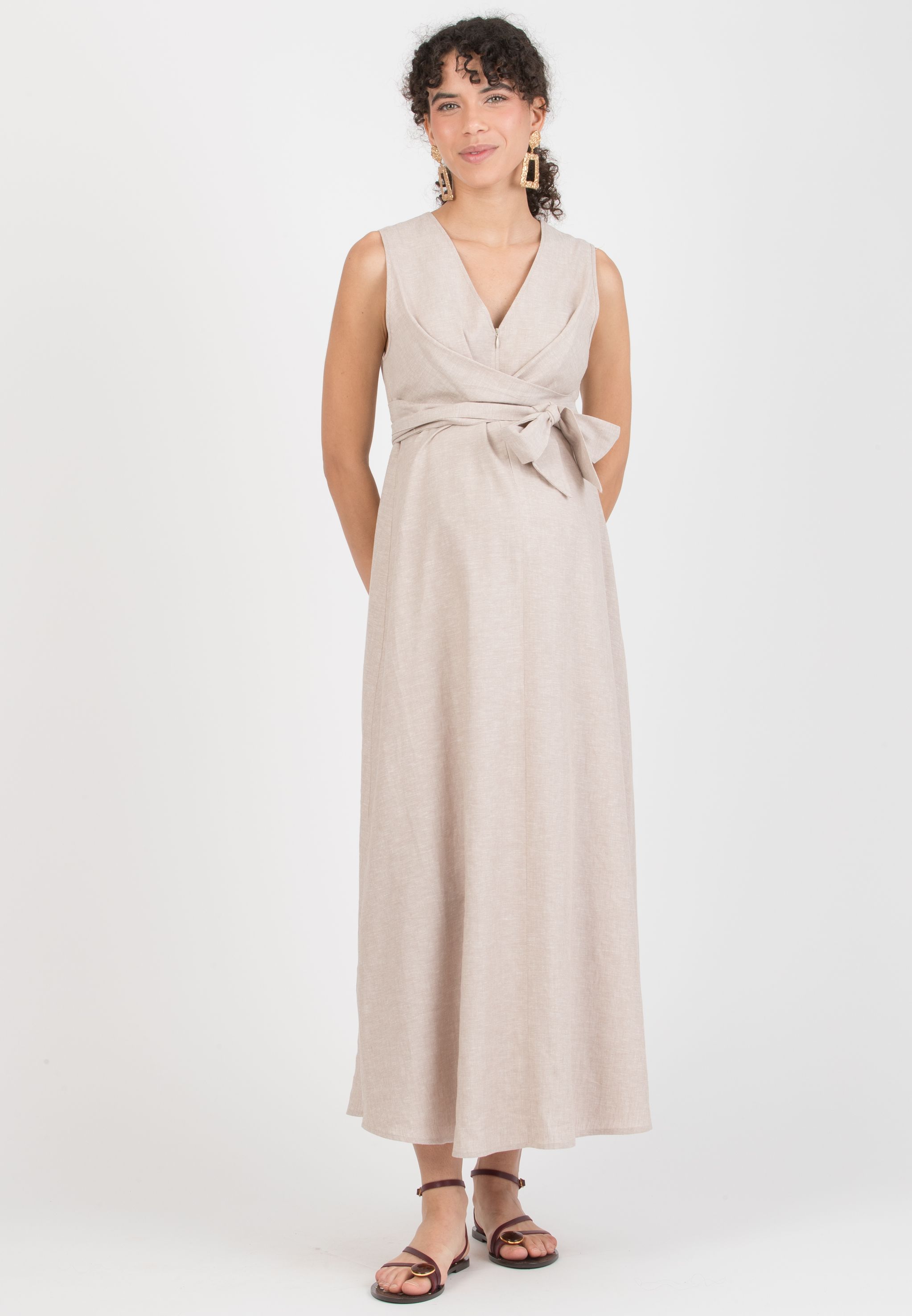 ANNALISA - Abito Premaman & Allattamento in Lino con Fusciacche incrociate (Ecru')