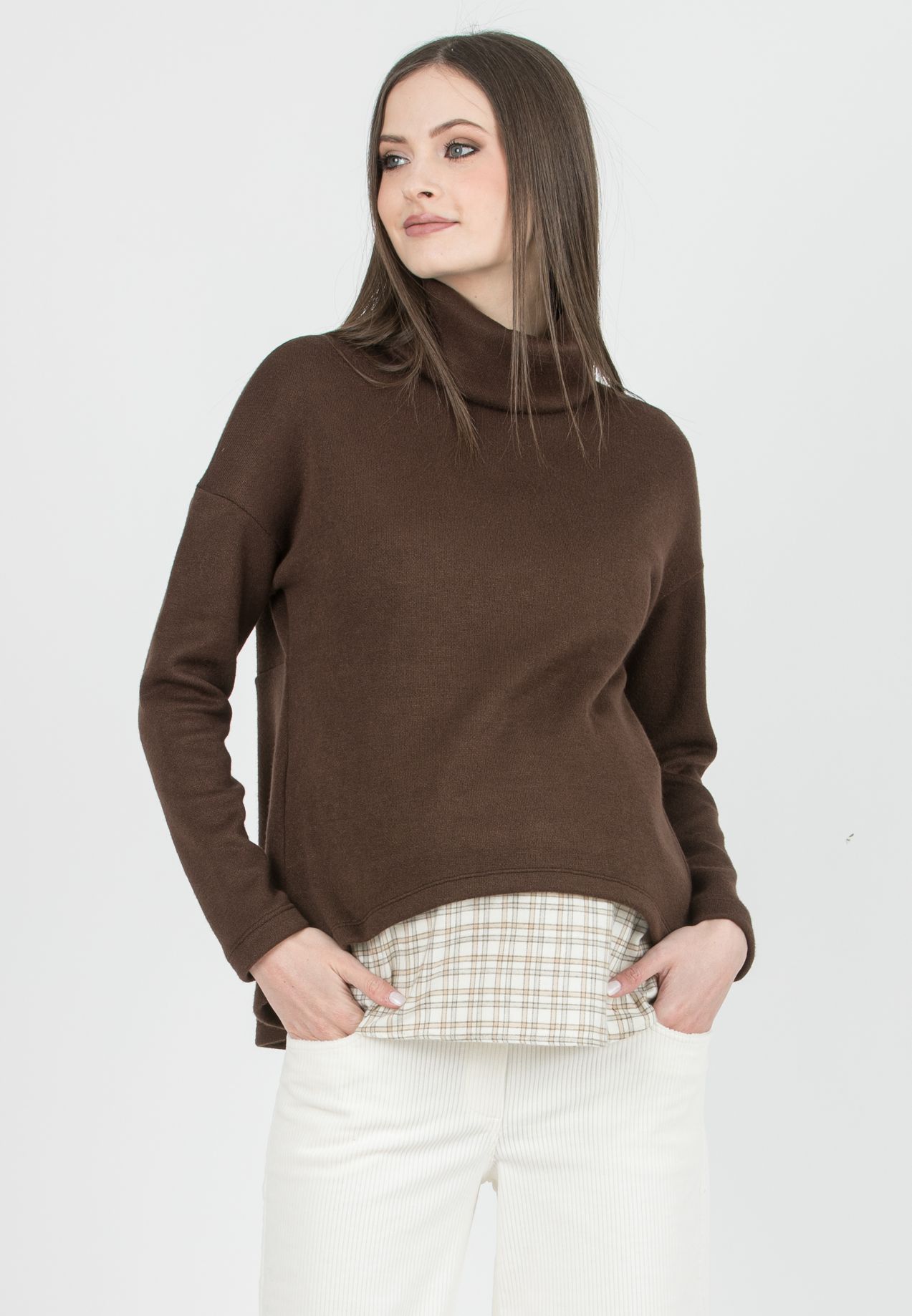 ASTRID - Maternity & Nursing Turtleneck Sweater with Shirt Insert (Marrone)