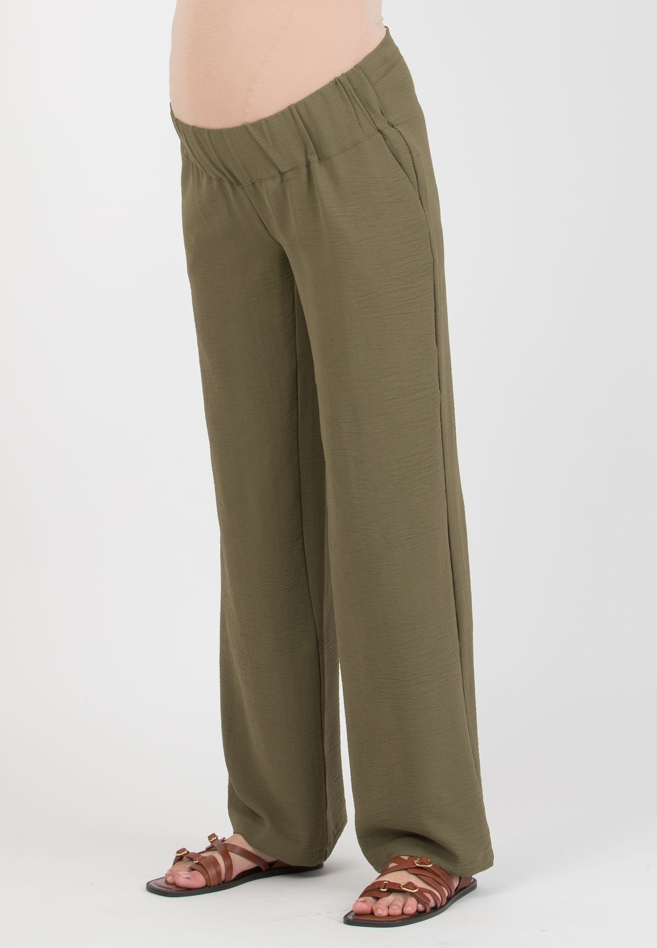 INES - Pantalone Premaman Fluido con Vita Bassa (Verde Militare)