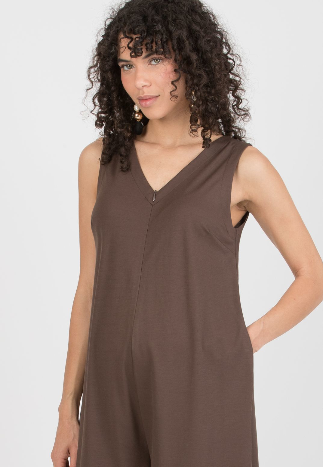 MIRANDA – Maternity Viscose Piqué Jumpsuit with V-Neck and Front Zip (Brown, XS)