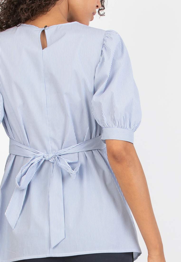 Camicetta Premaman in Popeline di Cotone con Maniche a Palloncino (Azzurro, XS)