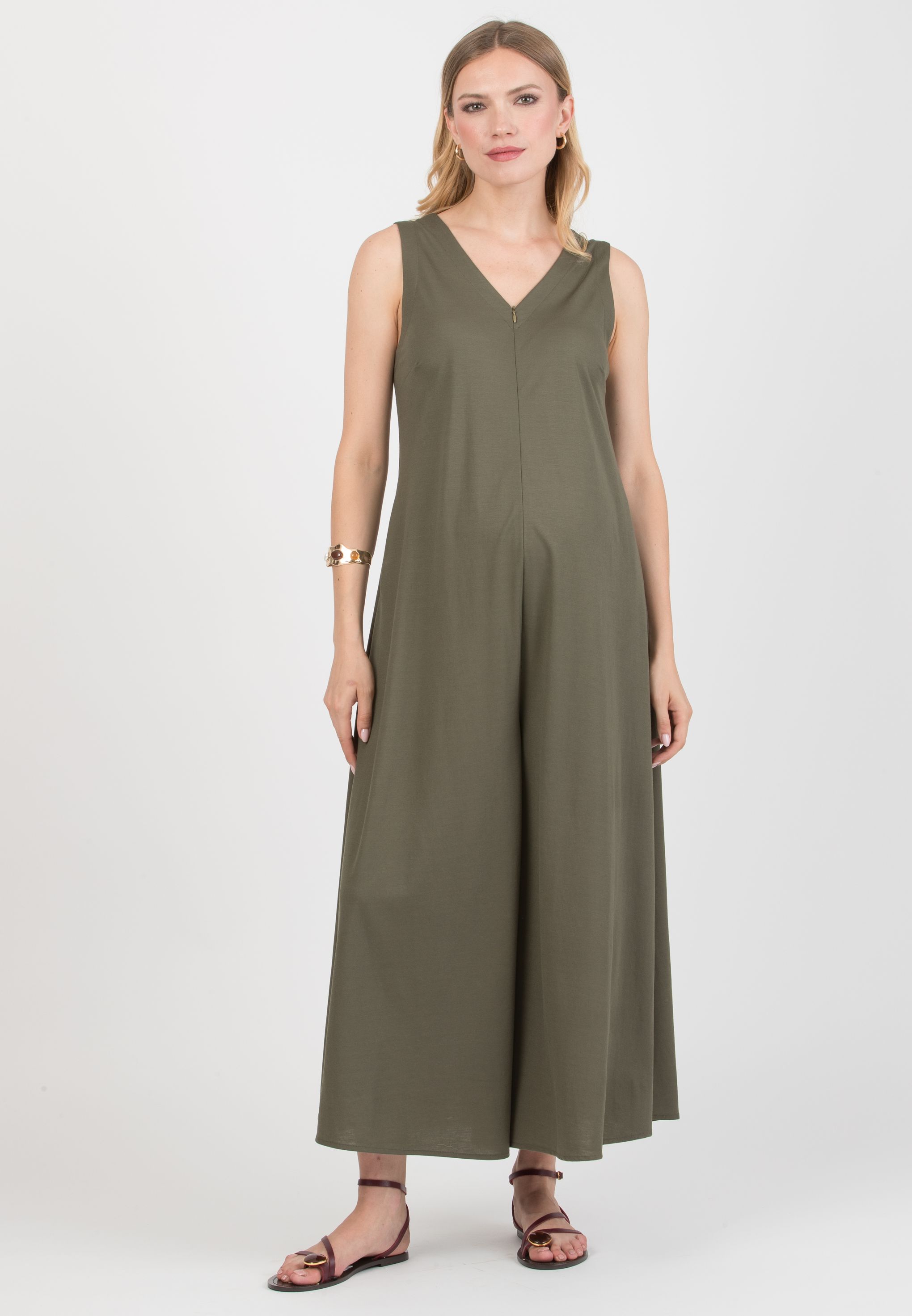 MIRANDA – Maternity Viscose Piqué Jumpsuit with V-Neck and Front Zip (Verde Militare)