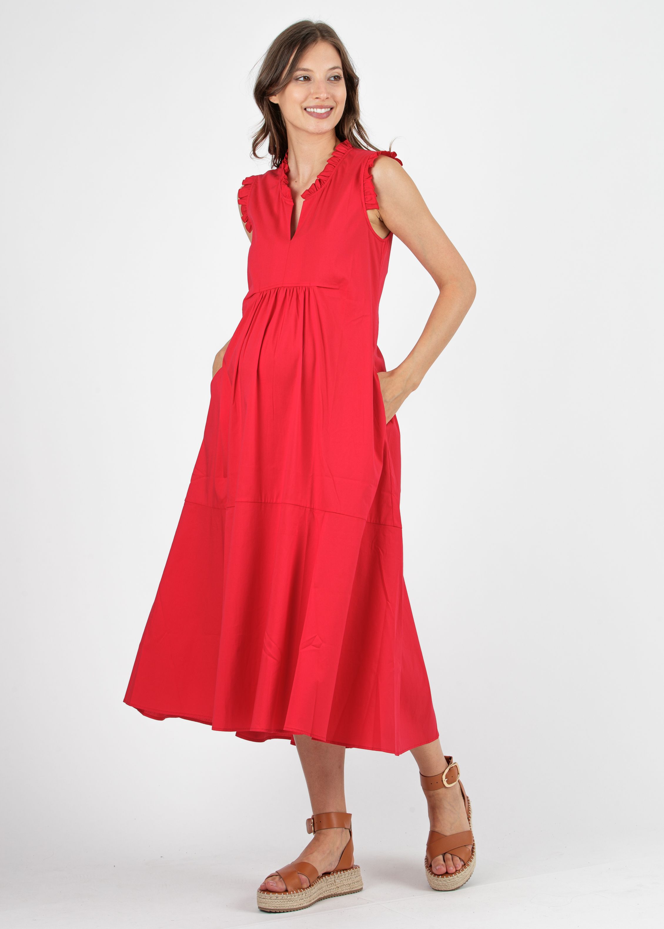 Midi Maternity Dress in Cotton Poplin with Frill Trims (Red, XS)