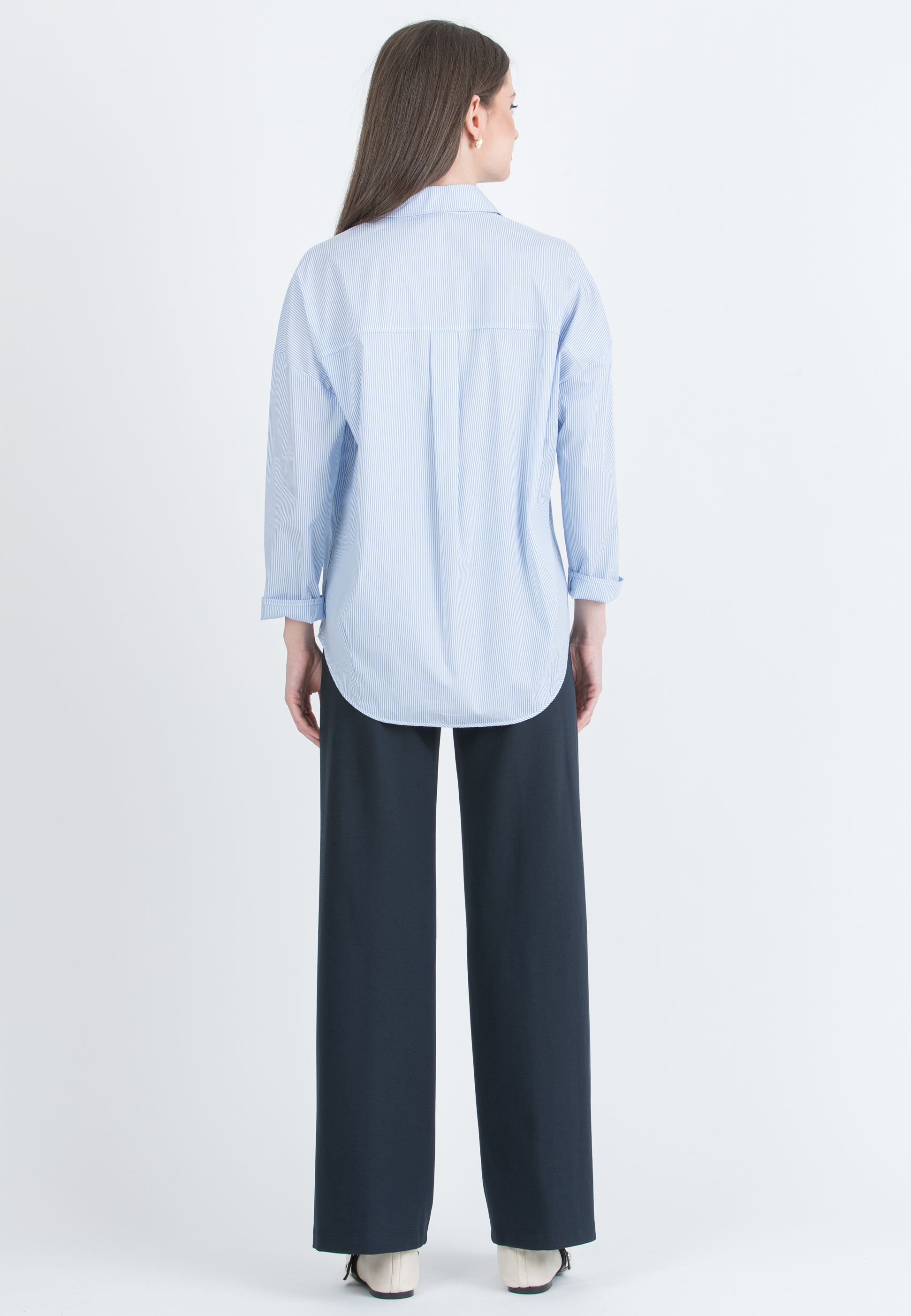 OLIVIA R - Camicia Over Premaman in Popeline di Cotone Elasticizzato a Righe (Azzurro, XS)