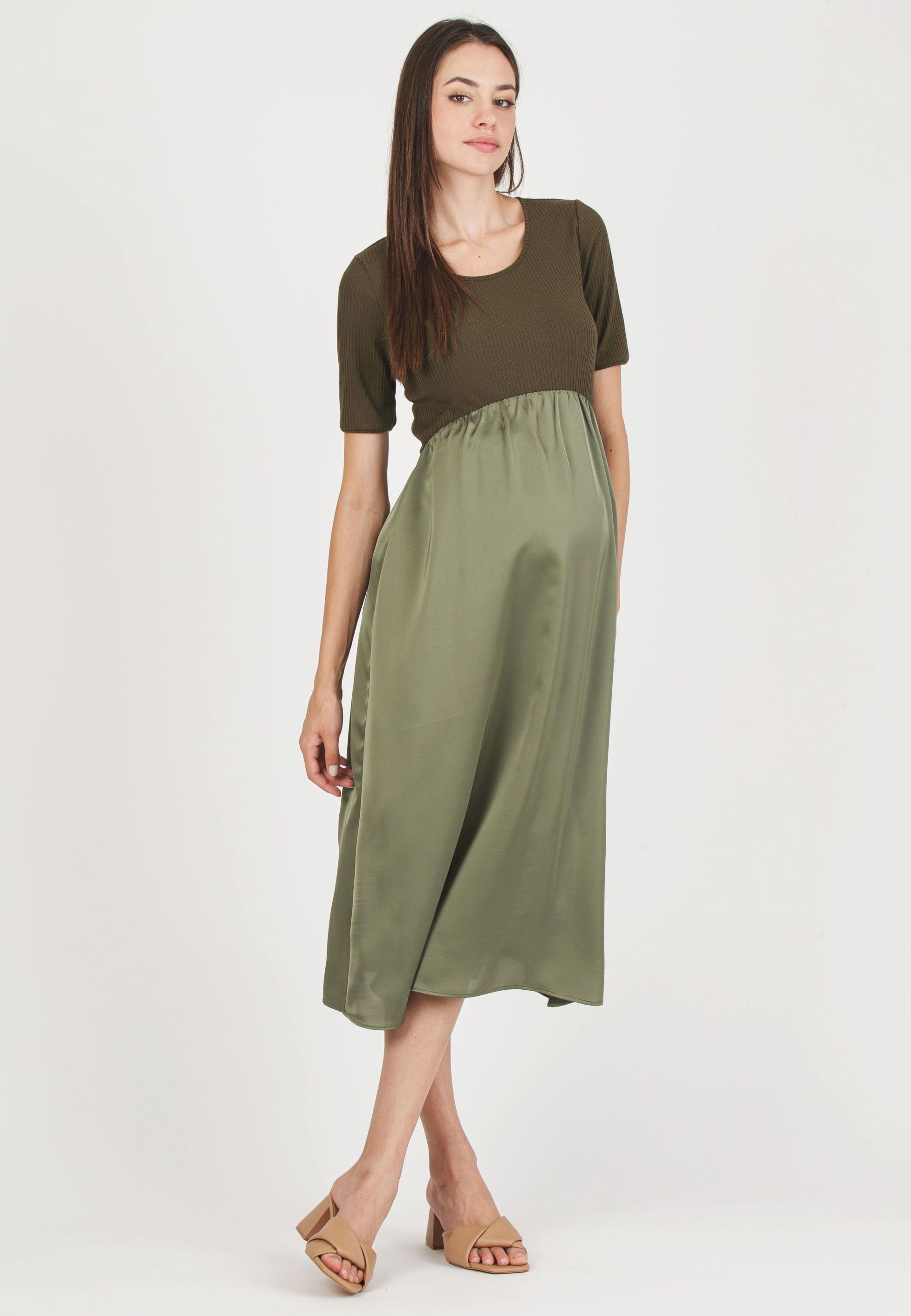 NASTIA - Abito Premaman in Costina con Gonna in Raso (Verde Militare, XS)