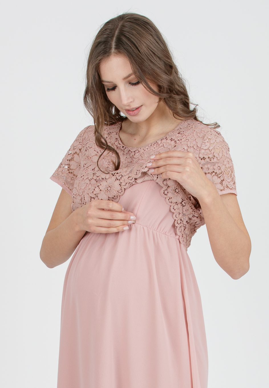 ELEONORA M/M GRS - Maternity & Nursing Dress in Lace and Recycled Chiffon (Cipria)