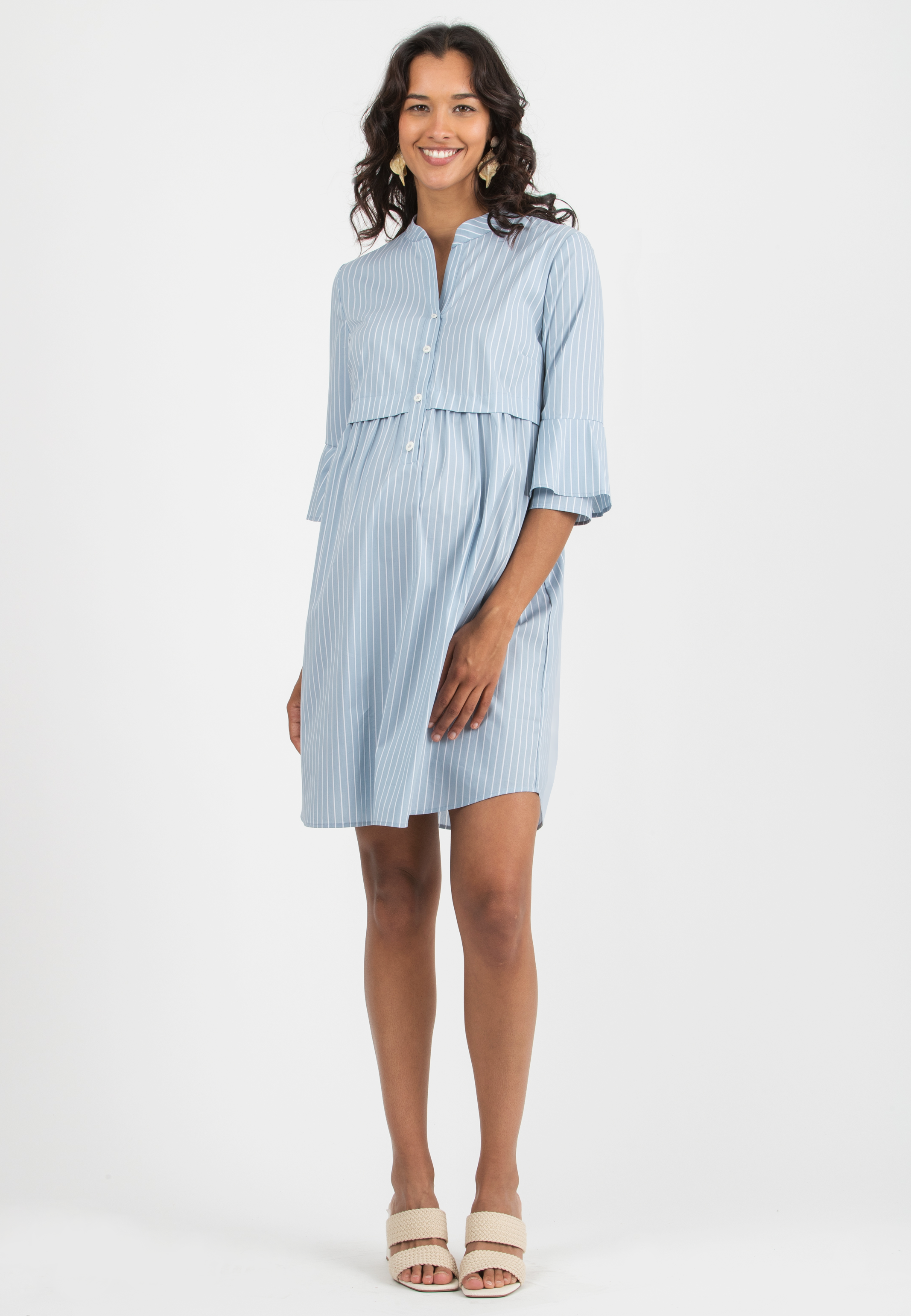 HEIDI R - Abito Premaman & Allattamento in Cotone a Righe con Maniche a Campana (Azzurro Polvere, XS)