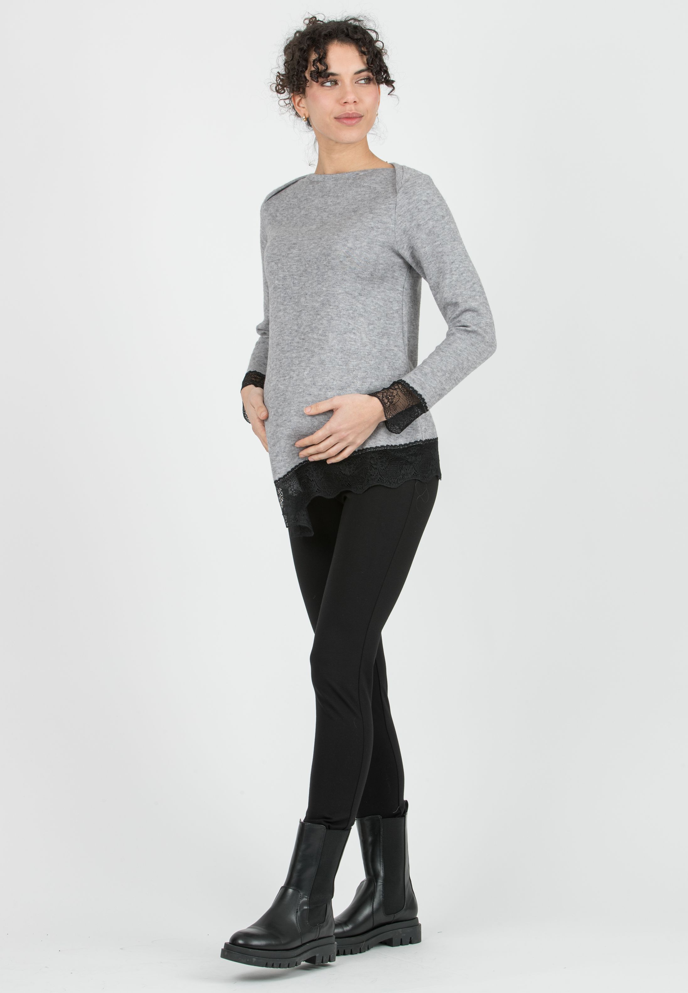 ERIKA - Asymmetric Maternity Top with Lace Details (Grigio Melange)