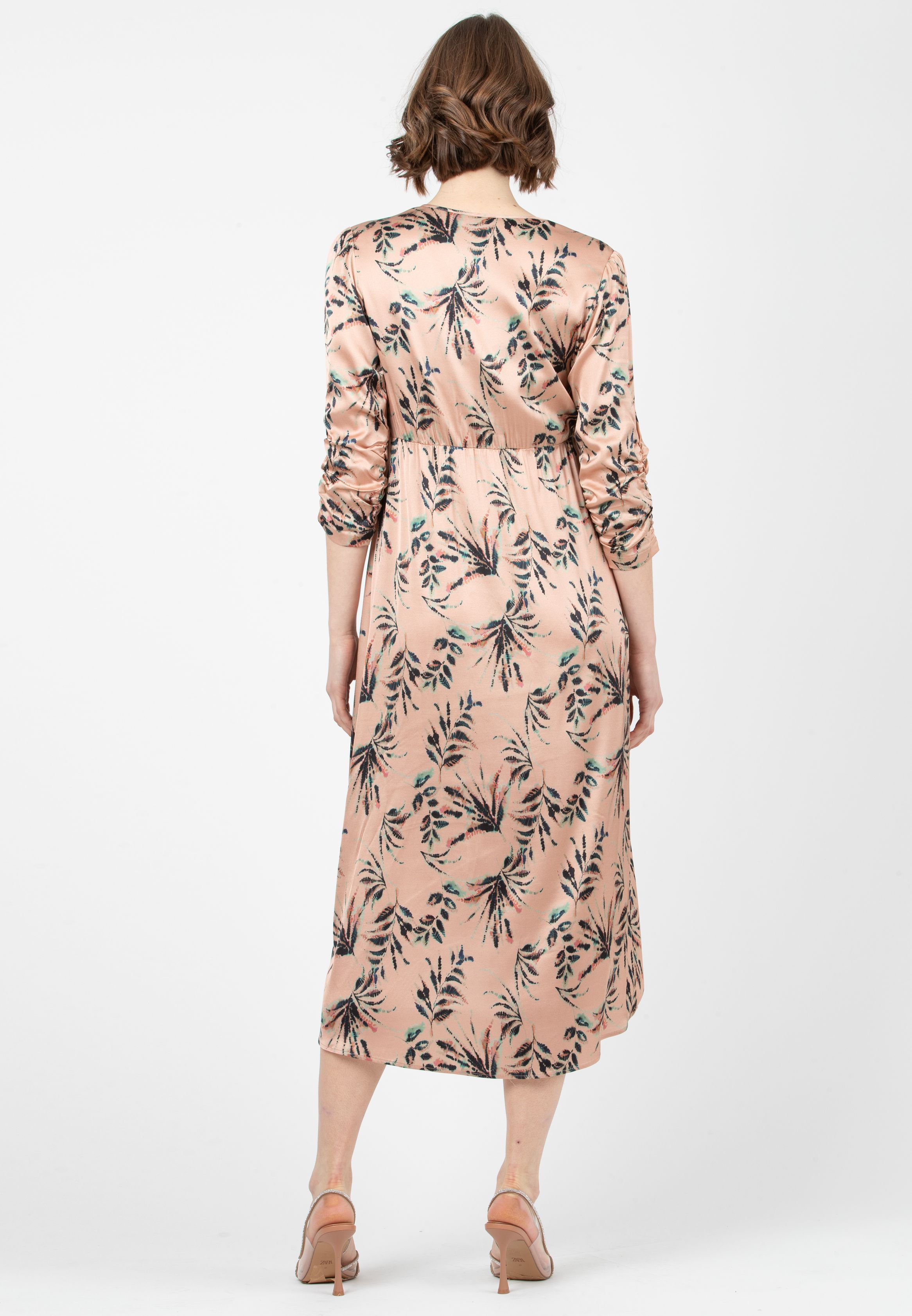 BELEN M/L - Abito Premaman & Allattamento in Raso con Corpino Annodato e Maniche 3/4 (Cipria, XS)
