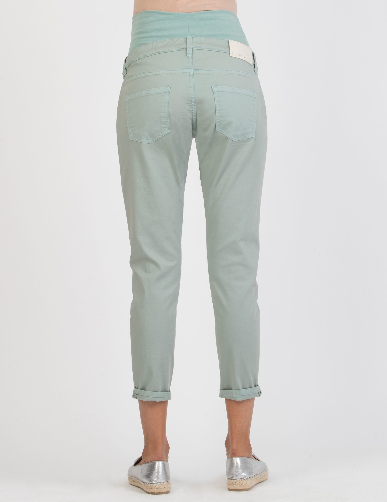Pantalone Premaman Slim Cropped Mom Fit in Gabardina (Verde Salvia, XS)