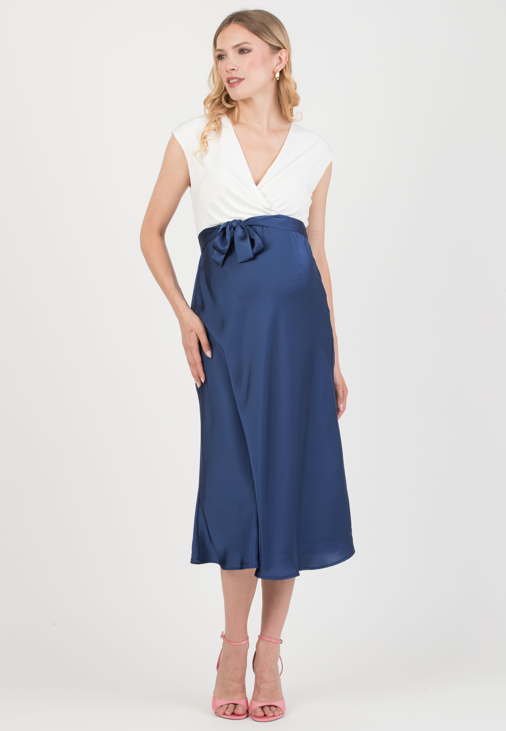 DILETTA – Maternity & Nursing Dress with Crossover Bodice and Satin Skirt (Denim)