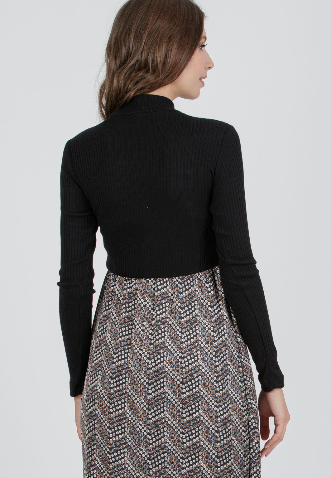 ANASTASIA MIDI - Midi Maternity Dress in Ribbed Knit and Printed Satin (Black, XS)