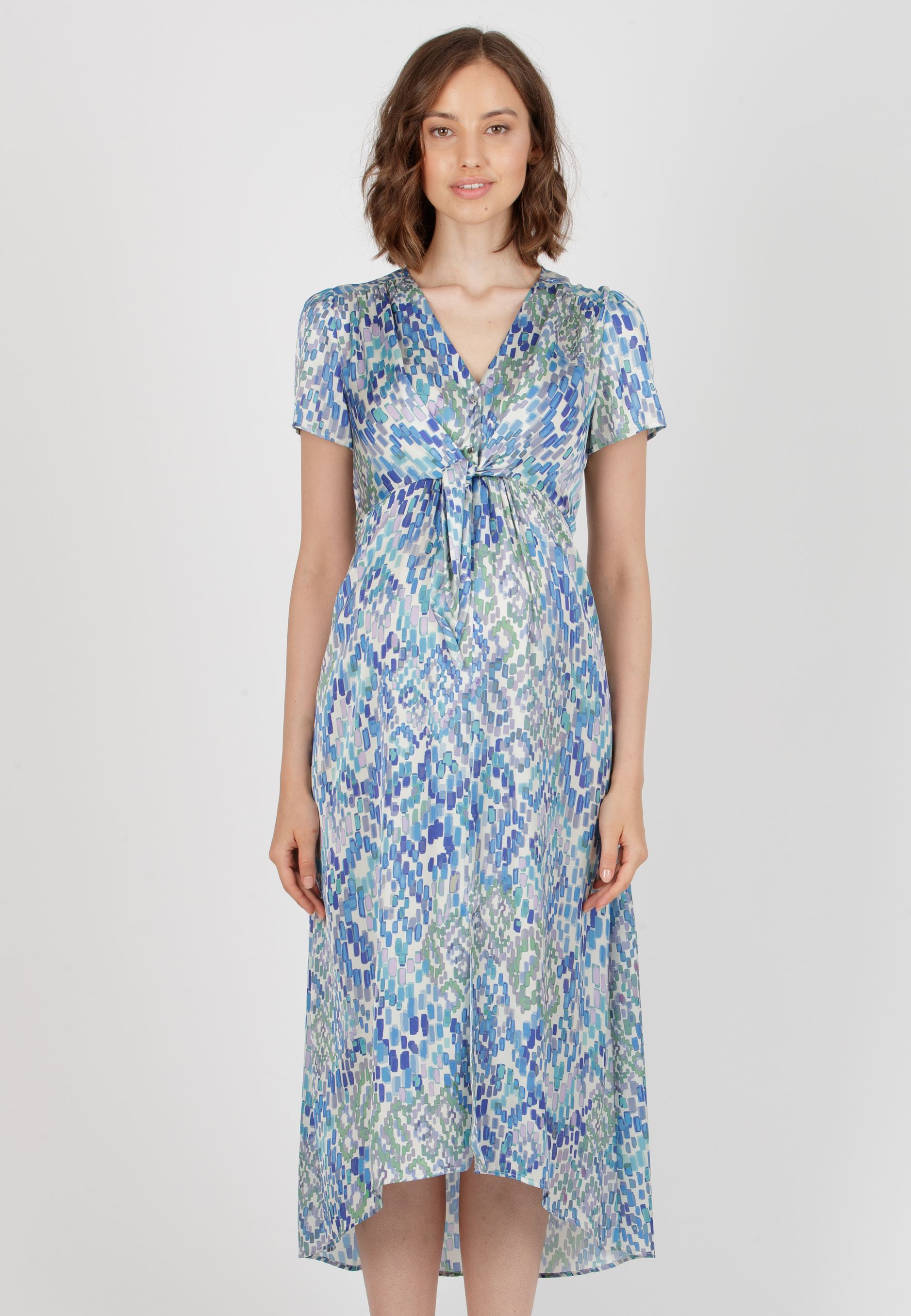 BELEN M/M - Abito Premaman & Allattamento in Raso Stampato con Corpino Annodato (Azzurro, XS)