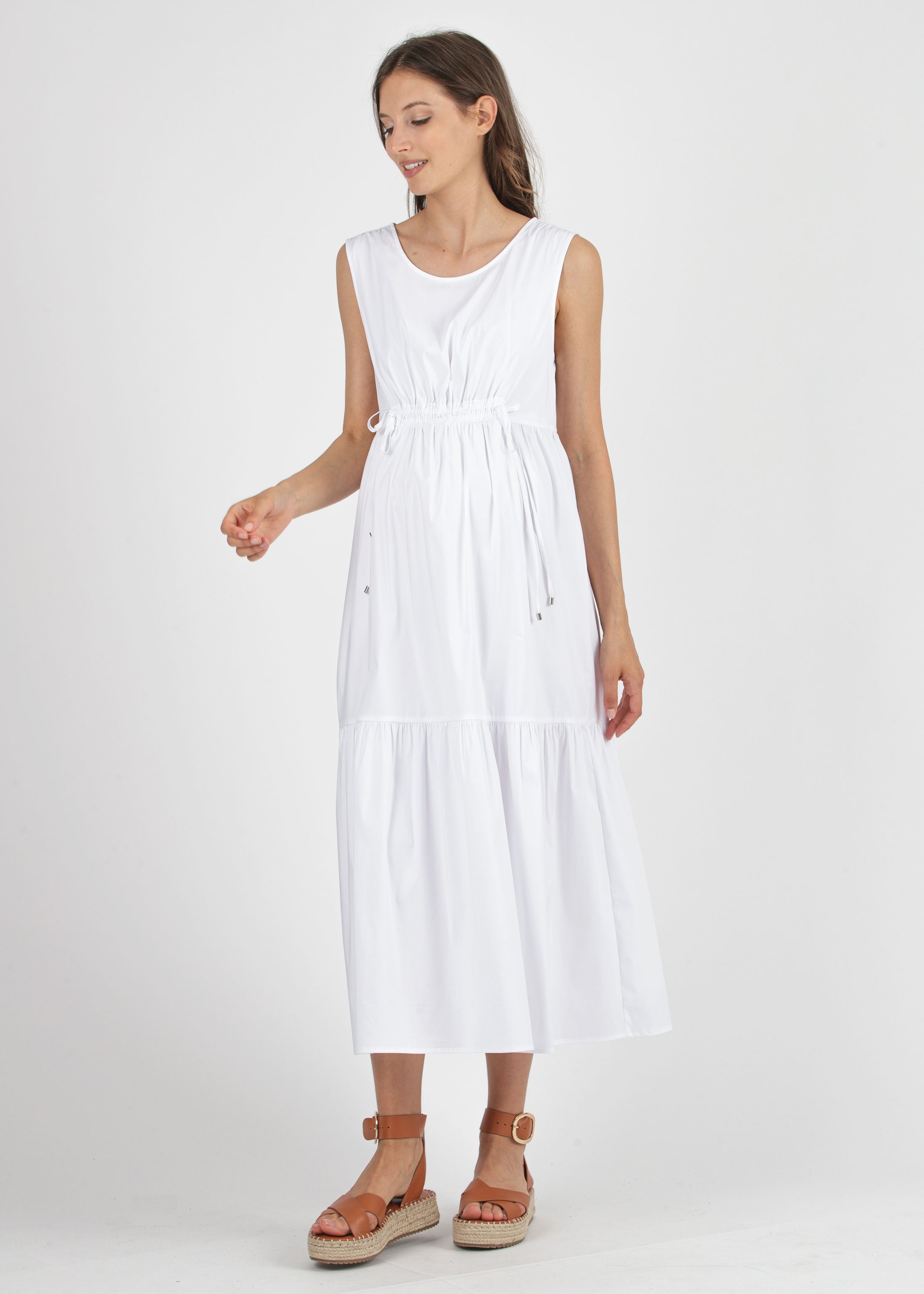 Midi Maternity Dress with Flounces and Front Drawstring (Ivory, XS)